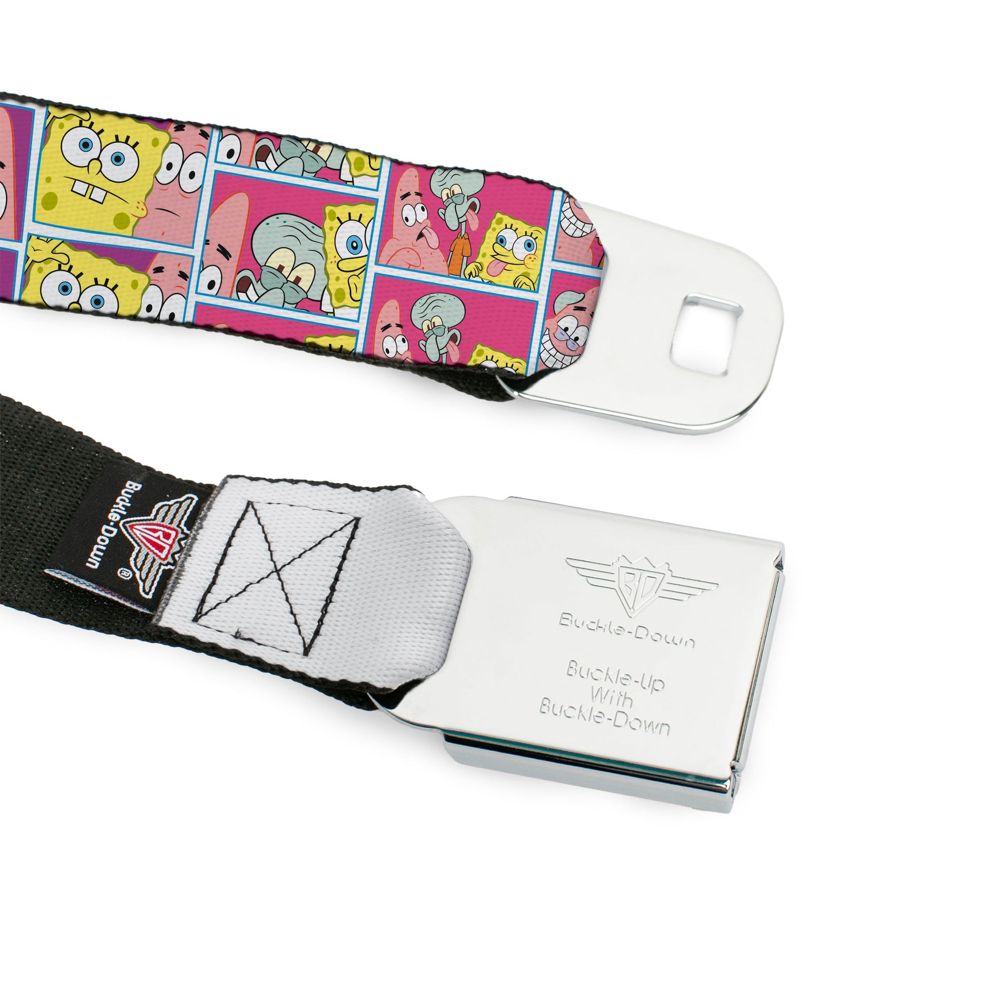 SpongeBob SquarePants Logo Full Color Black/Blues Seatbelt Belt - SpongeBob and Friends Photo Booth Pose Blocks Webbing Seatbelt Belts SpongeBob SquarePants