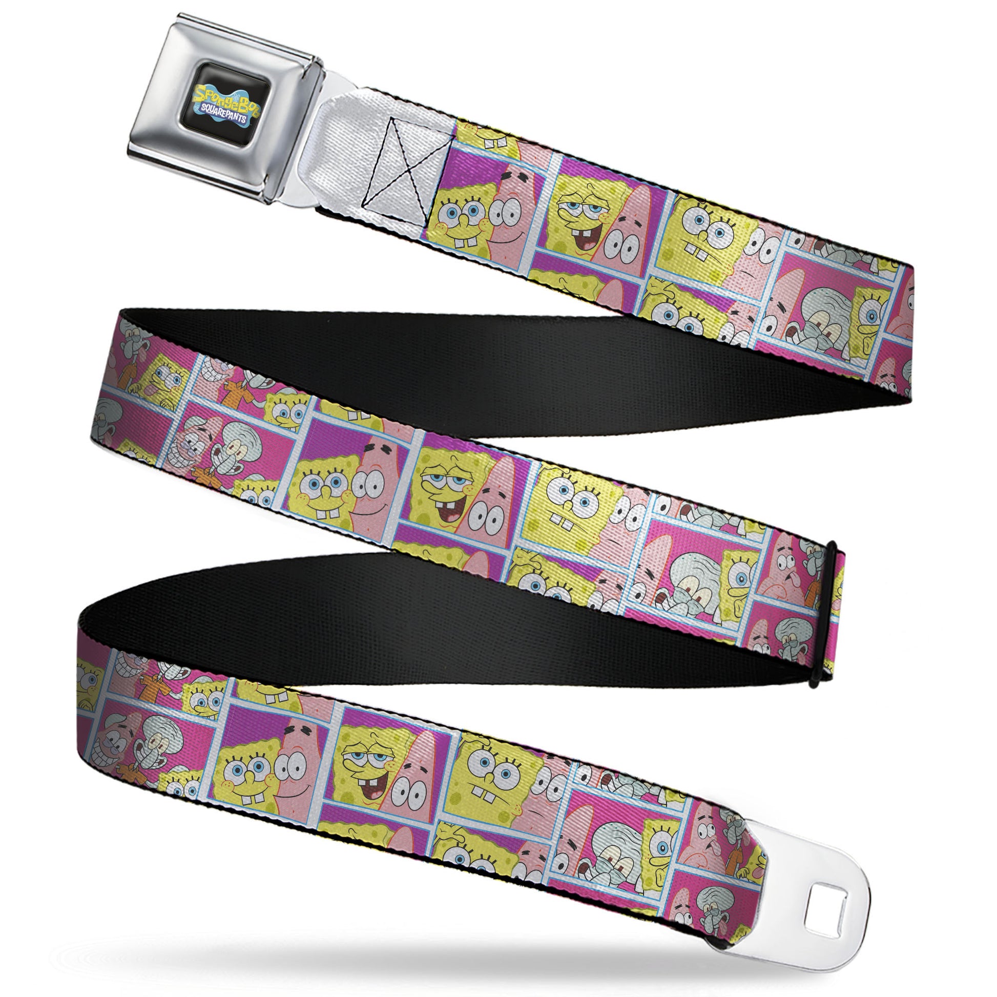 SpongeBob SquarePants Logo Full Color Black/Blues Seatbelt Belt - SpongeBob and Friends Photo Booth Pose Blocks Webbing Seatbelt Belts SpongeBob SquarePants