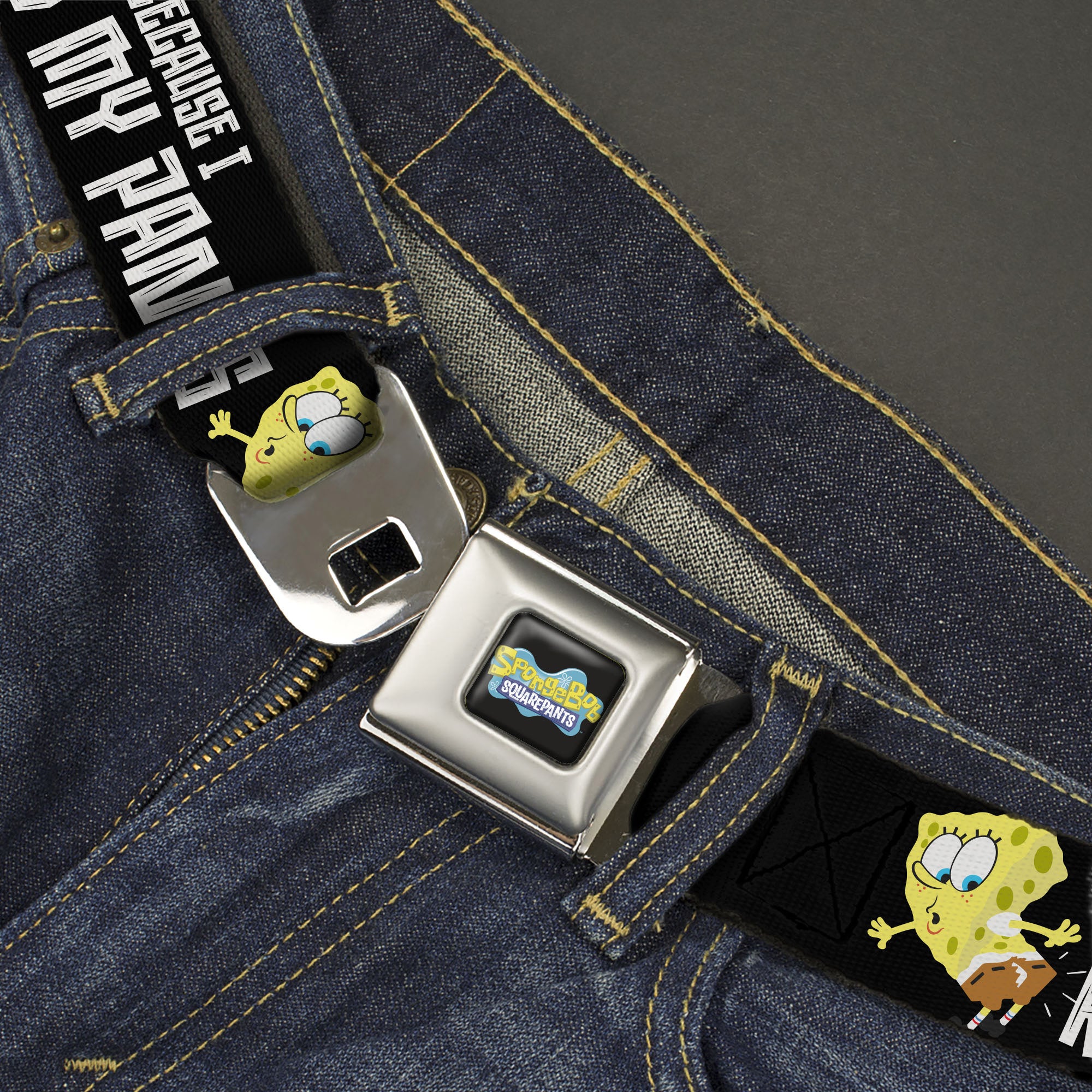 SpongeBob SquarePants Logo Full Color Black/Blues Seatbelt Belt - SpongeBob ALL BECAUSE I RIPPED MY PANTS Pose Black/White Webbing Seatbelt Belts SpongeBob SquarePants