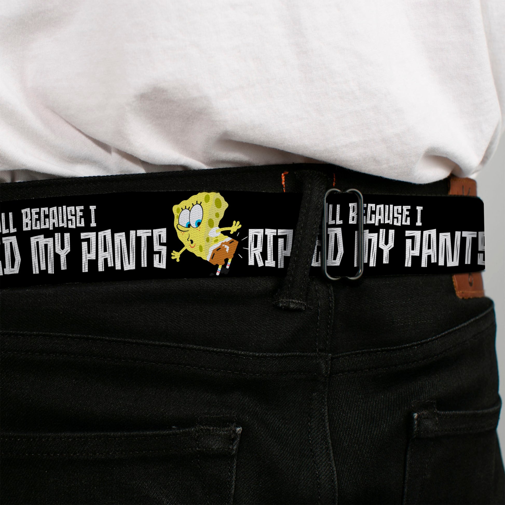 SpongeBob SquarePants Logo Full Color Black/Blues Seatbelt Belt - SpongeBob ALL BECAUSE I RIPPED MY PANTS Pose Black/White Webbing Seatbelt Belts SpongeBob SquarePants