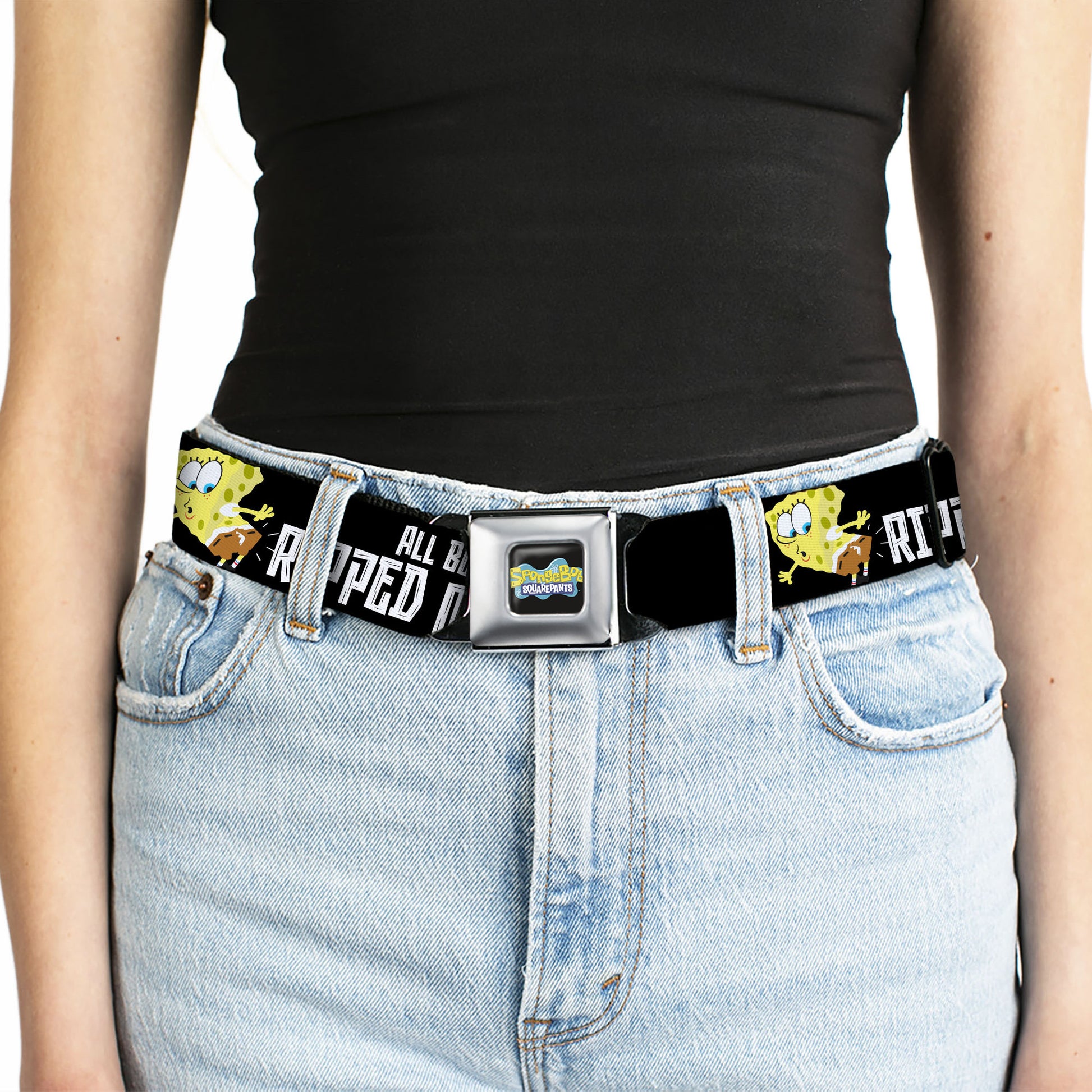 SpongeBob SquarePants Logo Full Color Black/Blues Seatbelt Belt - SpongeBob ALL BECAUSE I RIPPED MY PANTS Pose Black/White Webbing Seatbelt Belts SpongeBob SquarePants