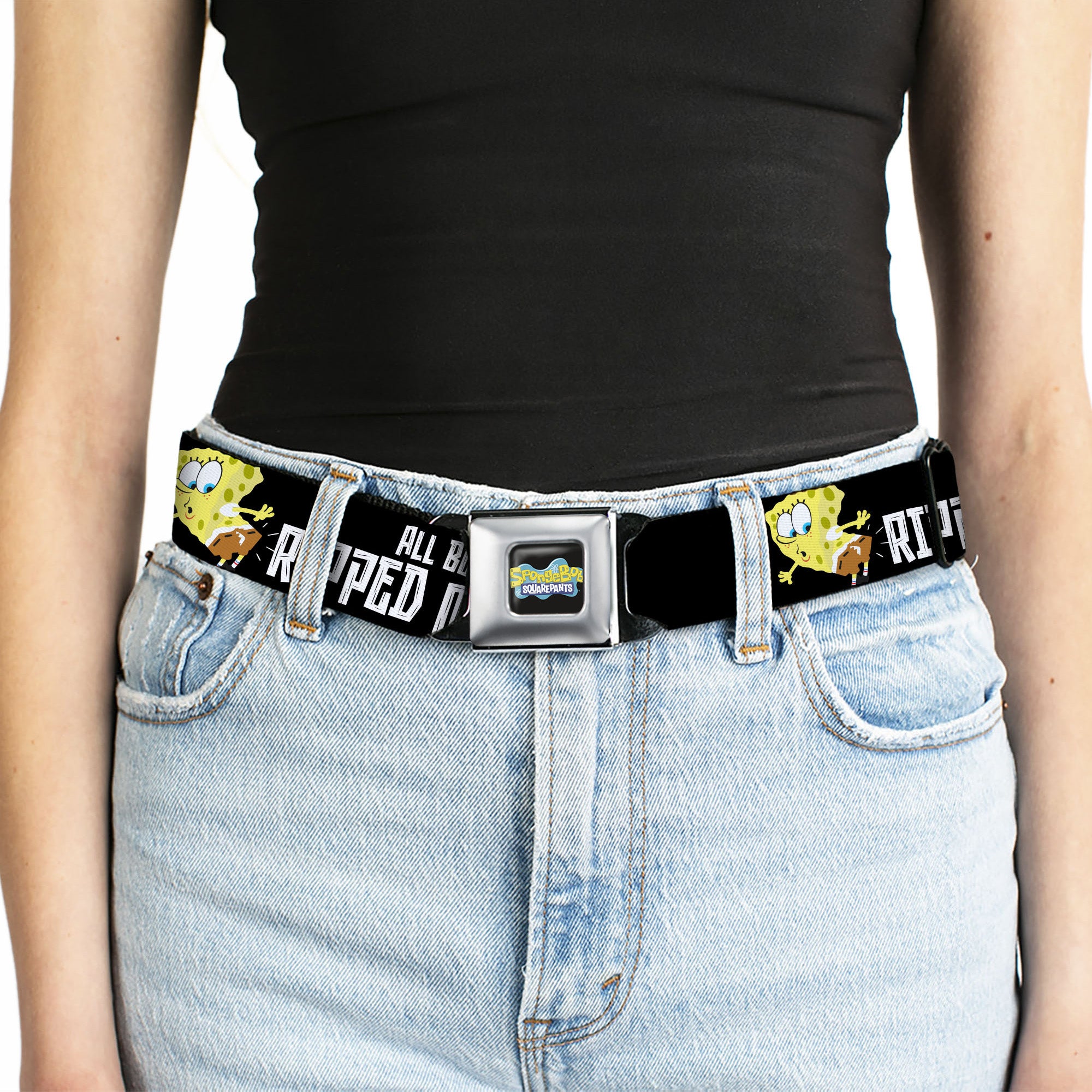 SpongeBob SquarePants Logo Full Color Black/Blues Seatbelt Belt - SpongeBob ALL BECAUSE I RIPPED MY PANTS Pose Black/White Webbing Seatbelt Belts SpongeBob SquarePants