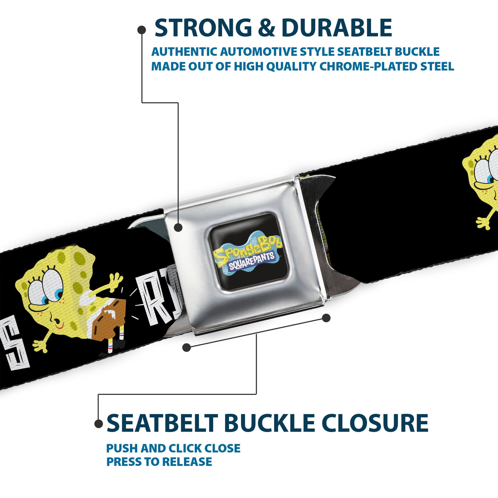 SpongeBob SquarePants Logo Full Color Black/Blues Seatbelt Belt - SpongeBob ALL BECAUSE I RIPPED MY PANTS Pose Black/White Webbing Seatbelt Belts SpongeBob SquarePants