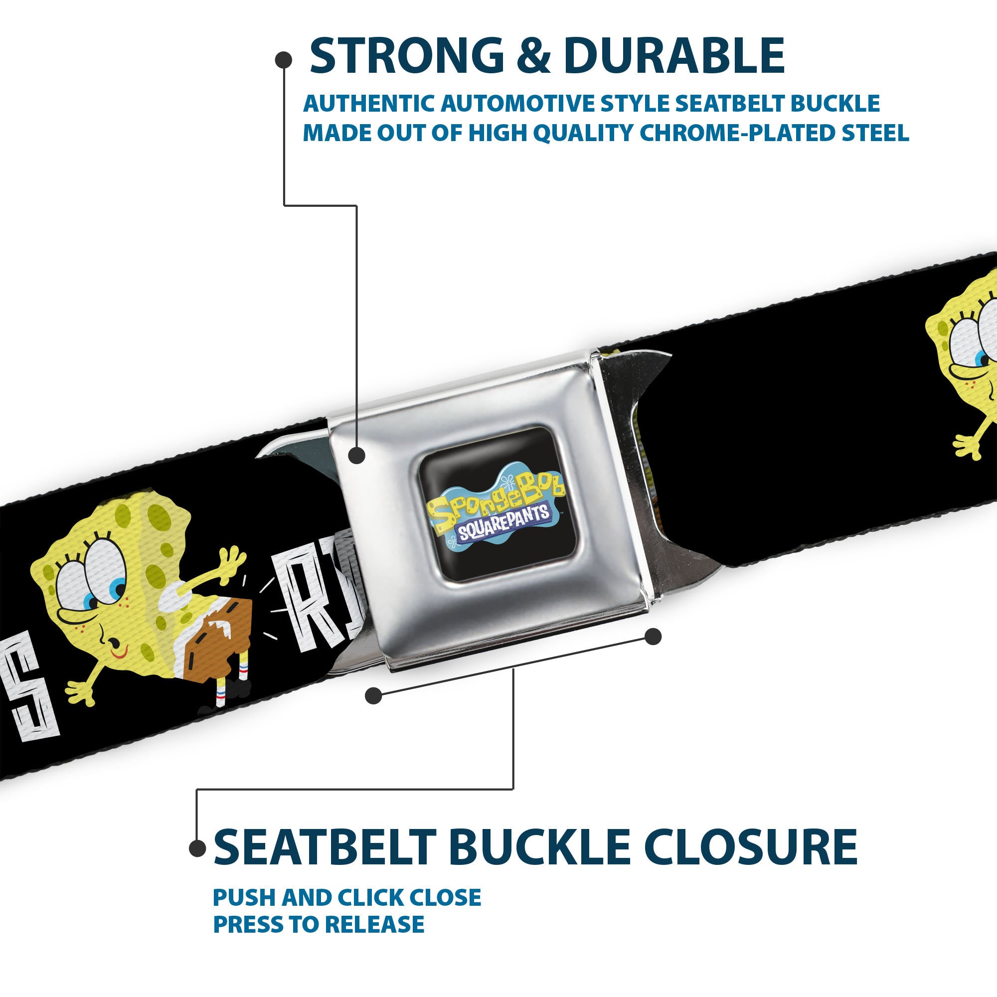 SpongeBob SquarePants Logo Full Color Black/Blues Seatbelt Belt - SpongeBob ALL BECAUSE I RIPPED MY PANTS Pose Black/White Webbing Seatbelt Belts SpongeBob SquarePants