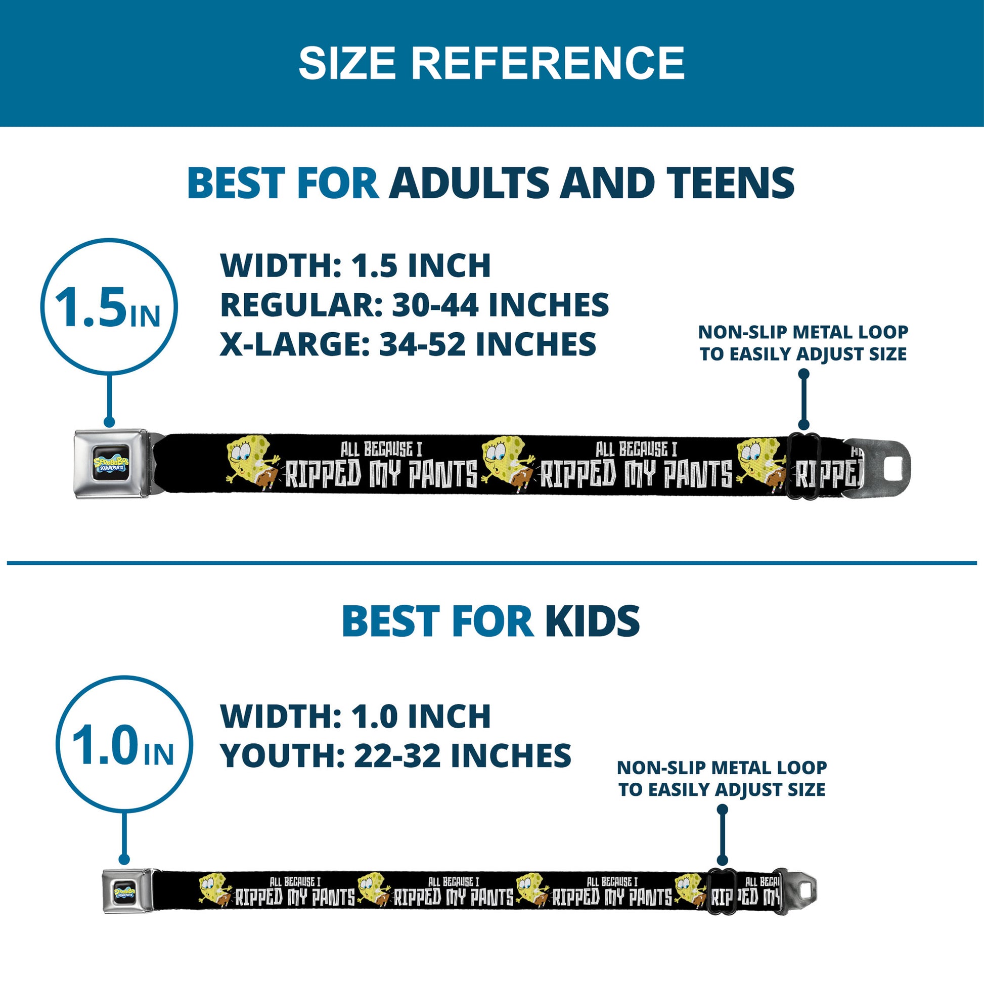 SpongeBob SquarePants Logo Full Color Black/Blues Seatbelt Belt - SpongeBob ALL BECAUSE I RIPPED MY PANTS Pose Black/White Webbing Seatbelt Belts SpongeBob SquarePants