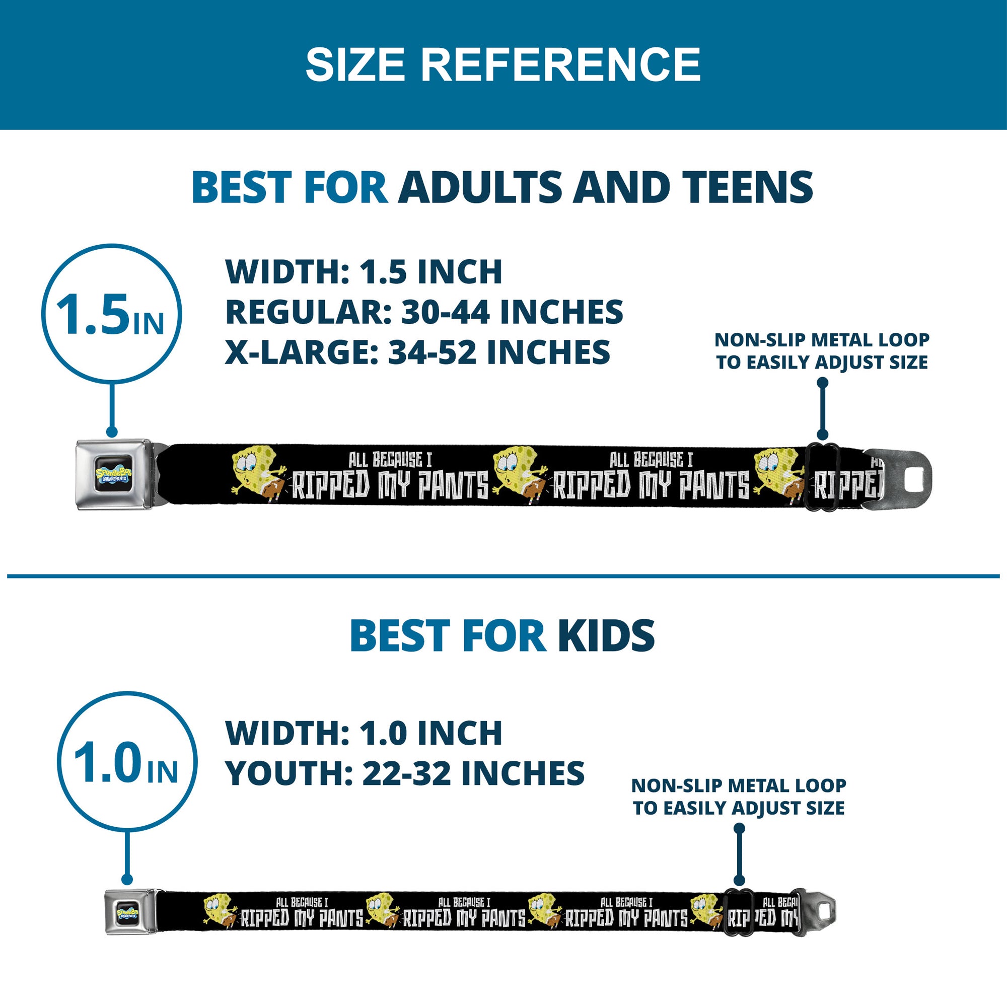 SpongeBob SquarePants Logo Full Color Black/Blues Seatbelt Belt - SpongeBob ALL BECAUSE I RIPPED MY PANTS Pose Black/White Webbing Seatbelt Belts SpongeBob SquarePants