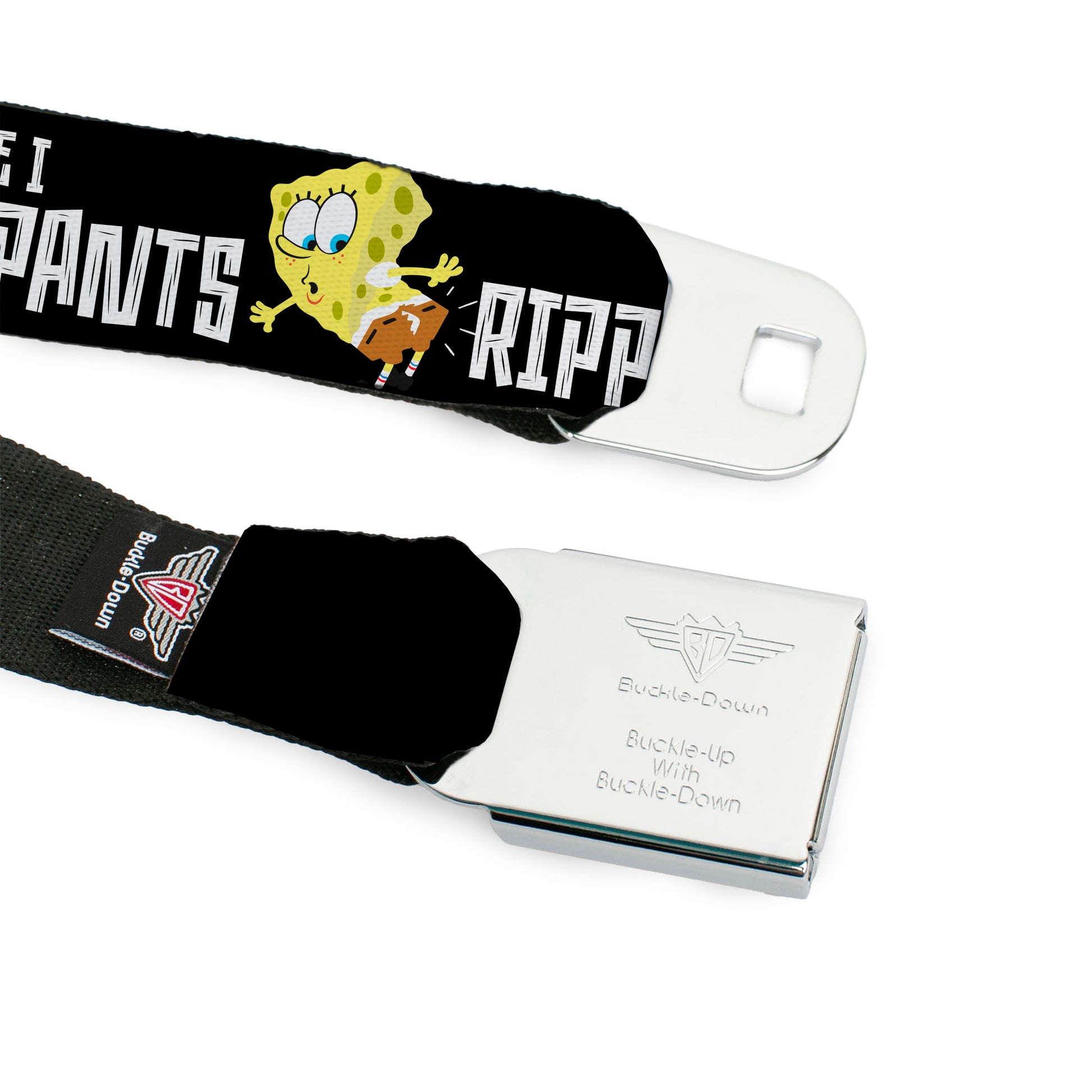 SpongeBob SquarePants Logo Full Color Black/Blues Seatbelt Belt - SpongeBob ALL BECAUSE I RIPPED MY PANTS Pose Black/White Webbing Seatbelt Belts SpongeBob SquarePants