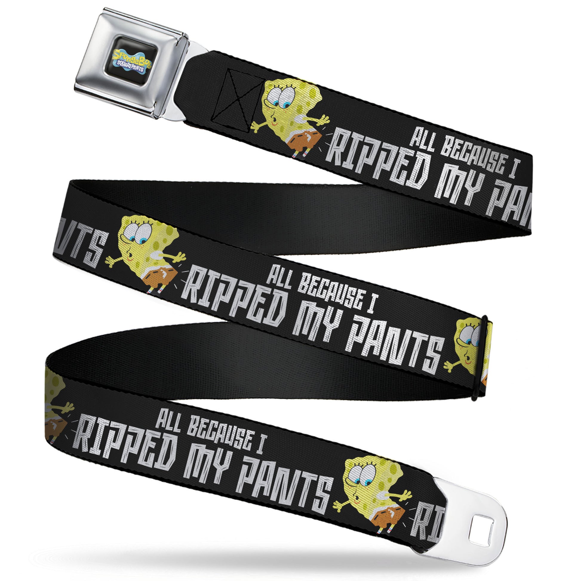 SpongeBob SquarePants Logo Full Color Black/Blues Seatbelt Belt - SpongeBob ALL BECAUSE I RIPPED MY PANTS Pose Black/White Webbing Seatbelt Belts SpongeBob SquarePants