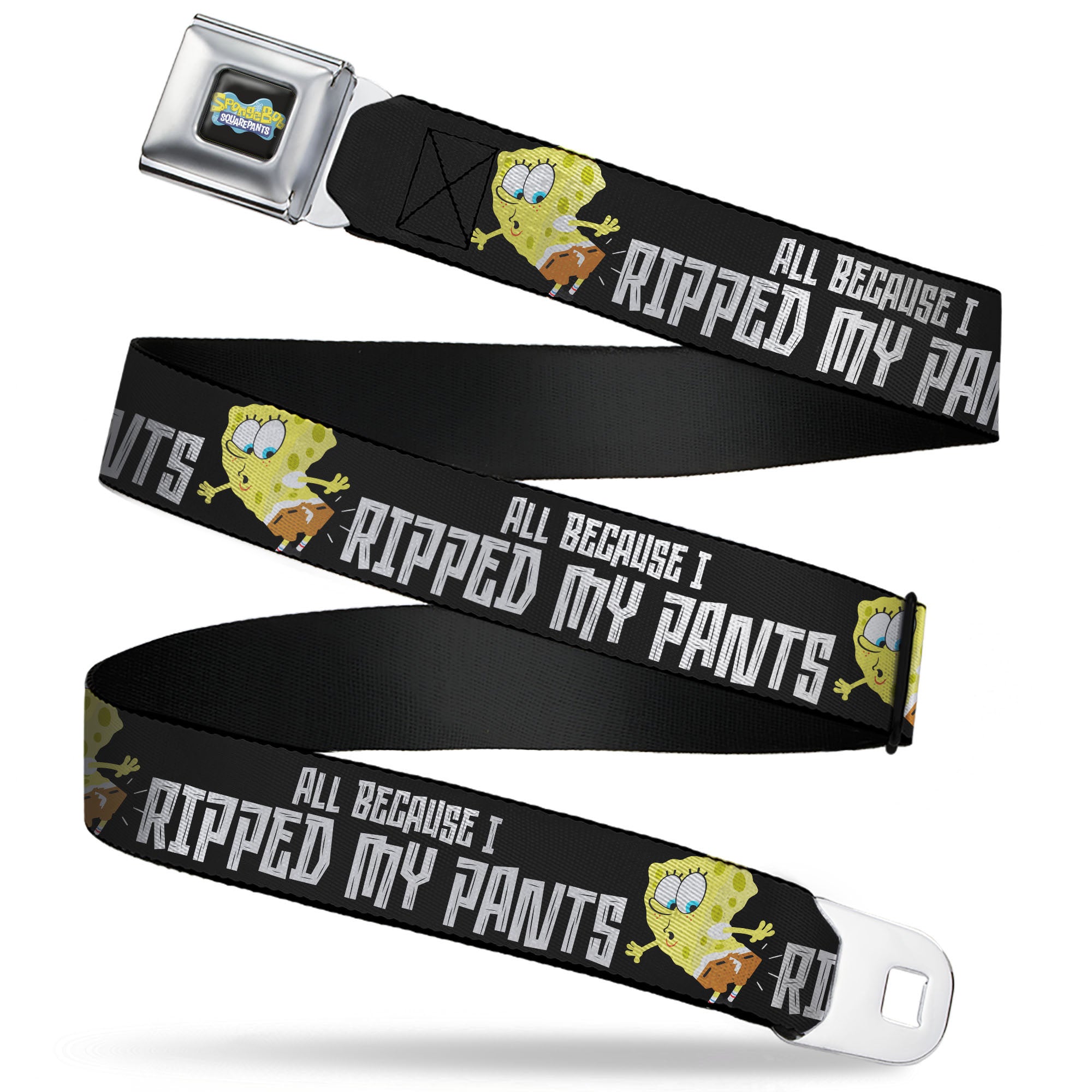 SpongeBob SquarePants Logo Full Color Black/Blues Seatbelt Belt - SpongeBob ALL BECAUSE I RIPPED MY PANTS Pose Black/White Webbing Seatbelt Belts SpongeBob SquarePants