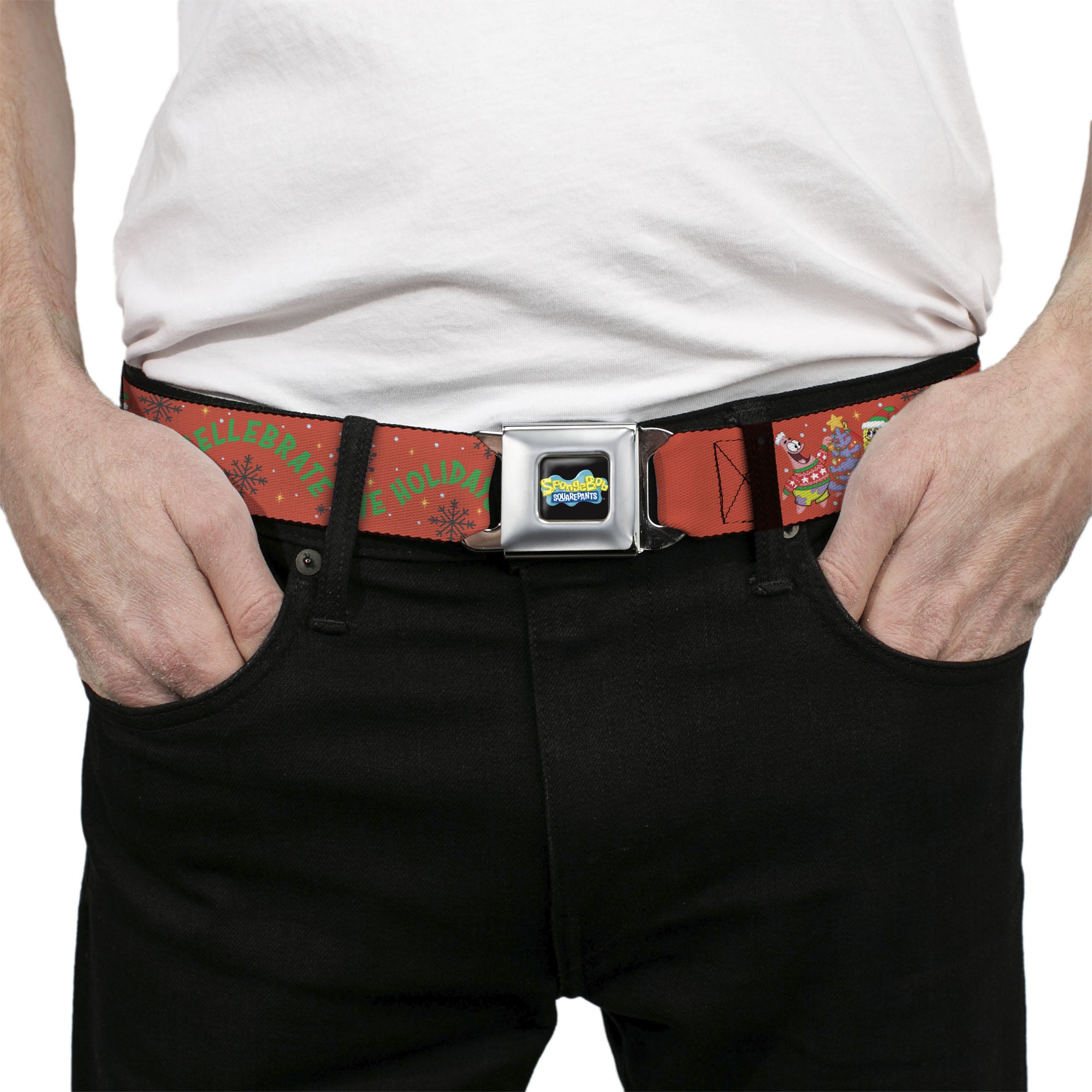 SpongeBob SquarePants Logo Full Color Black/Blues Seatbelt Belt - SpongeBob and Patrick Star SHELLEBRATE HOLIDAYS! Pose Red Webbing Seatbelt Belts SpongeBob SquarePants