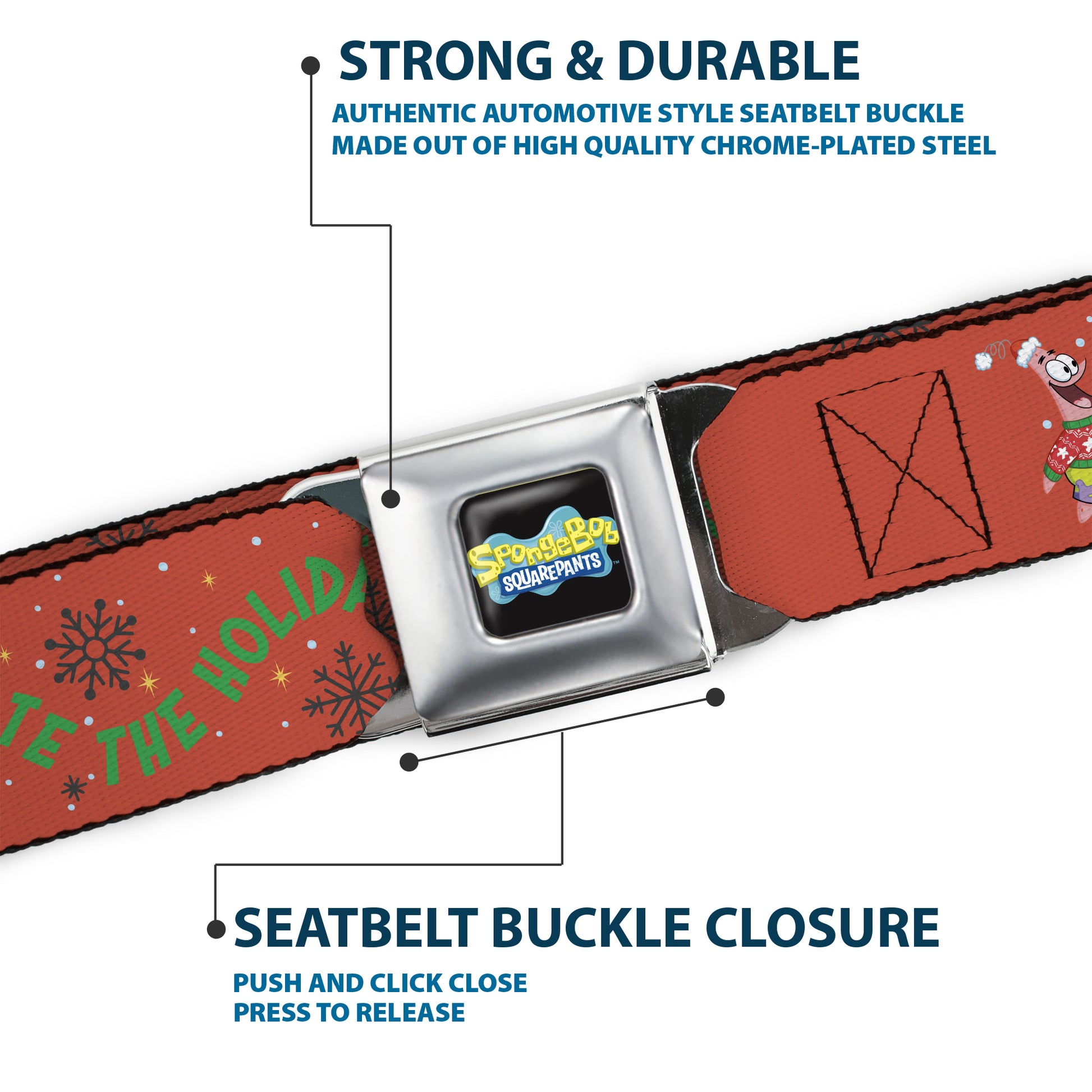 SpongeBob SquarePants Logo Full Color Black/Blues Seatbelt Belt - SpongeBob and Patrick Star SHELLEBRATE HOLIDAYS! Pose Red Webbing Seatbelt Belts SpongeBob SquarePants