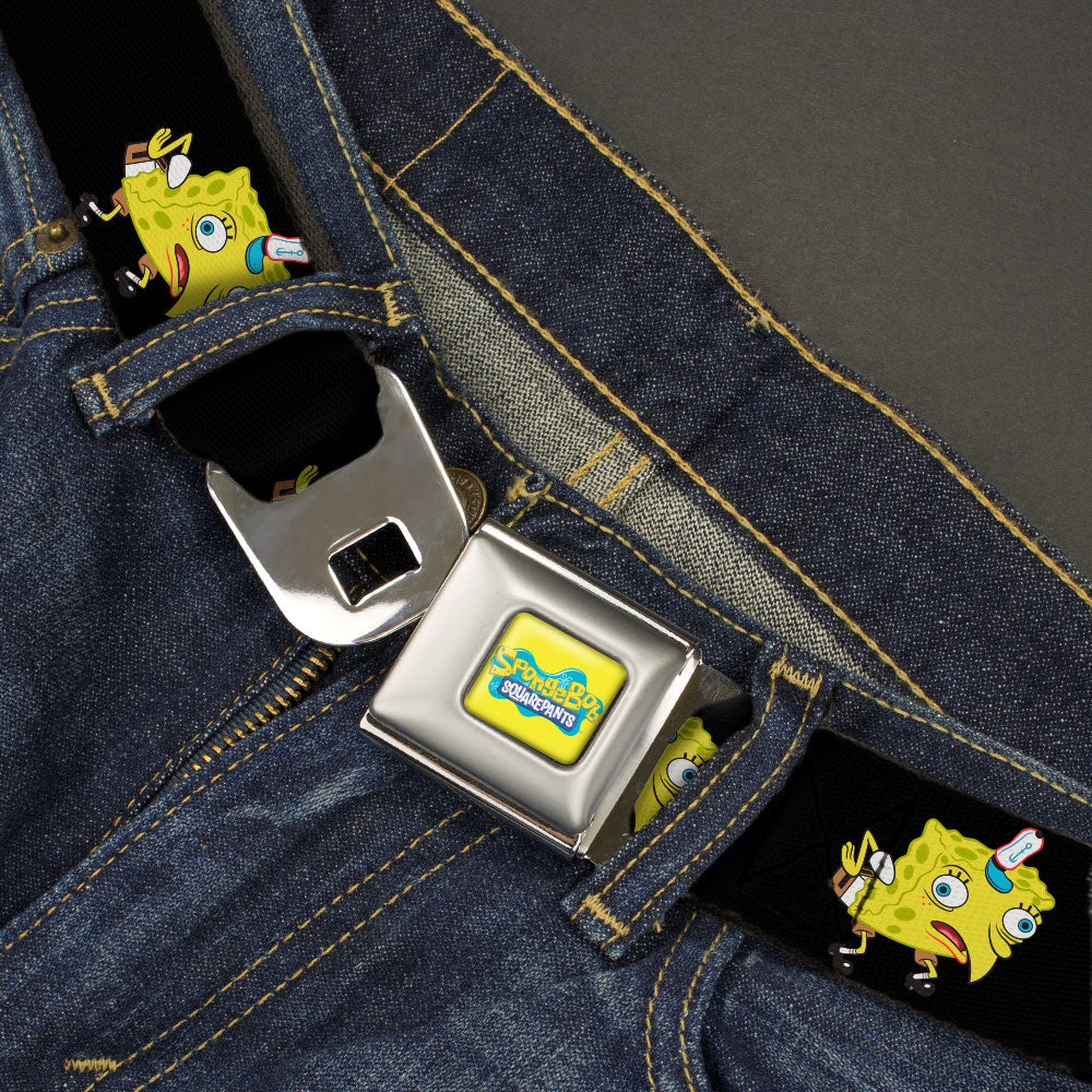 SpongeBob SquarePants Logo Full Color Yellows/Blues Seatbelt Belt - Mocking SpongeBob SquarePants Pose Black Webbing Seatbelt Belts SpongeBob SquarePants