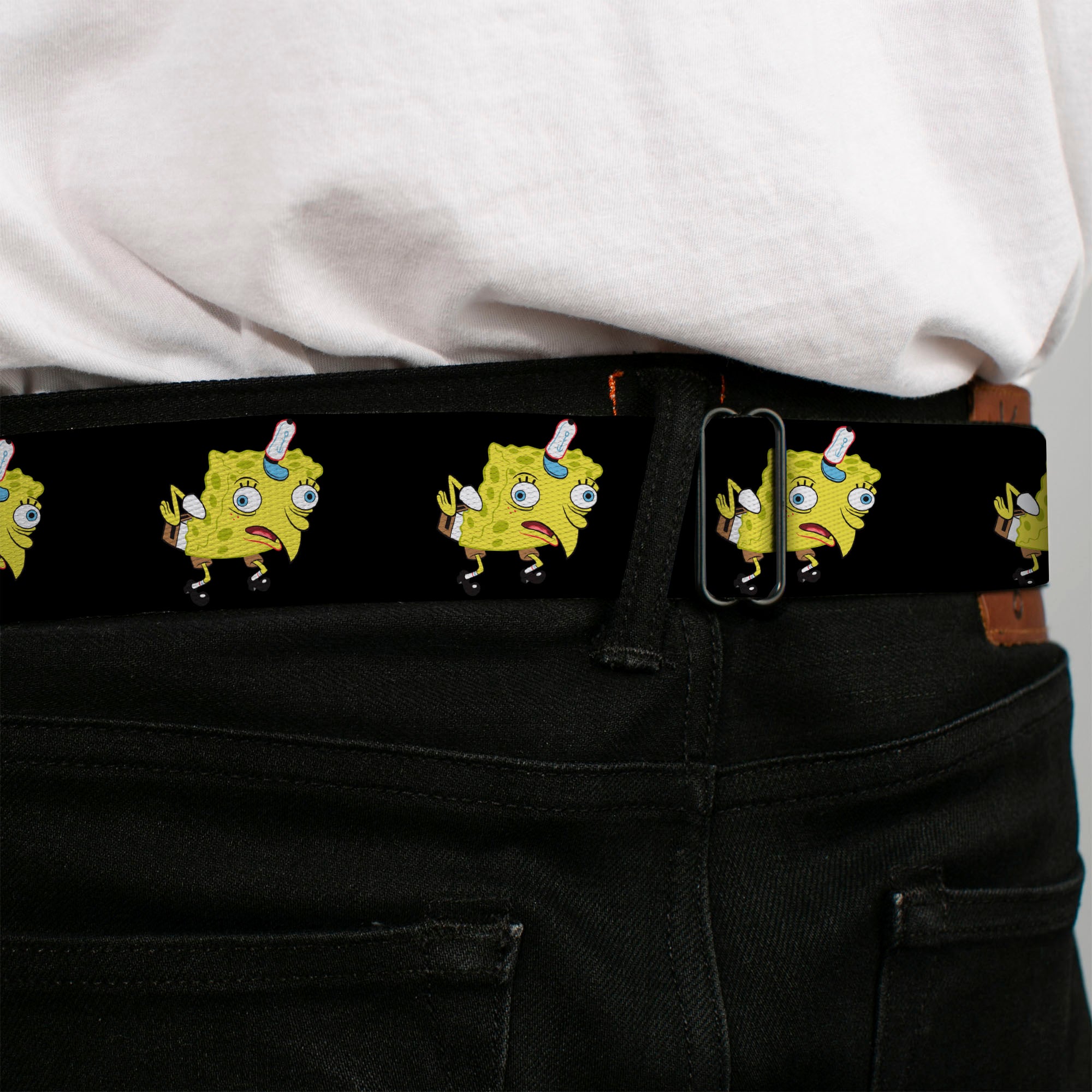 SpongeBob SquarePants Logo Full Color Yellows/Blues Seatbelt Belt - Mocking SpongeBob SquarePants Pose Black Webbing Seatbelt Belts SpongeBob SquarePants