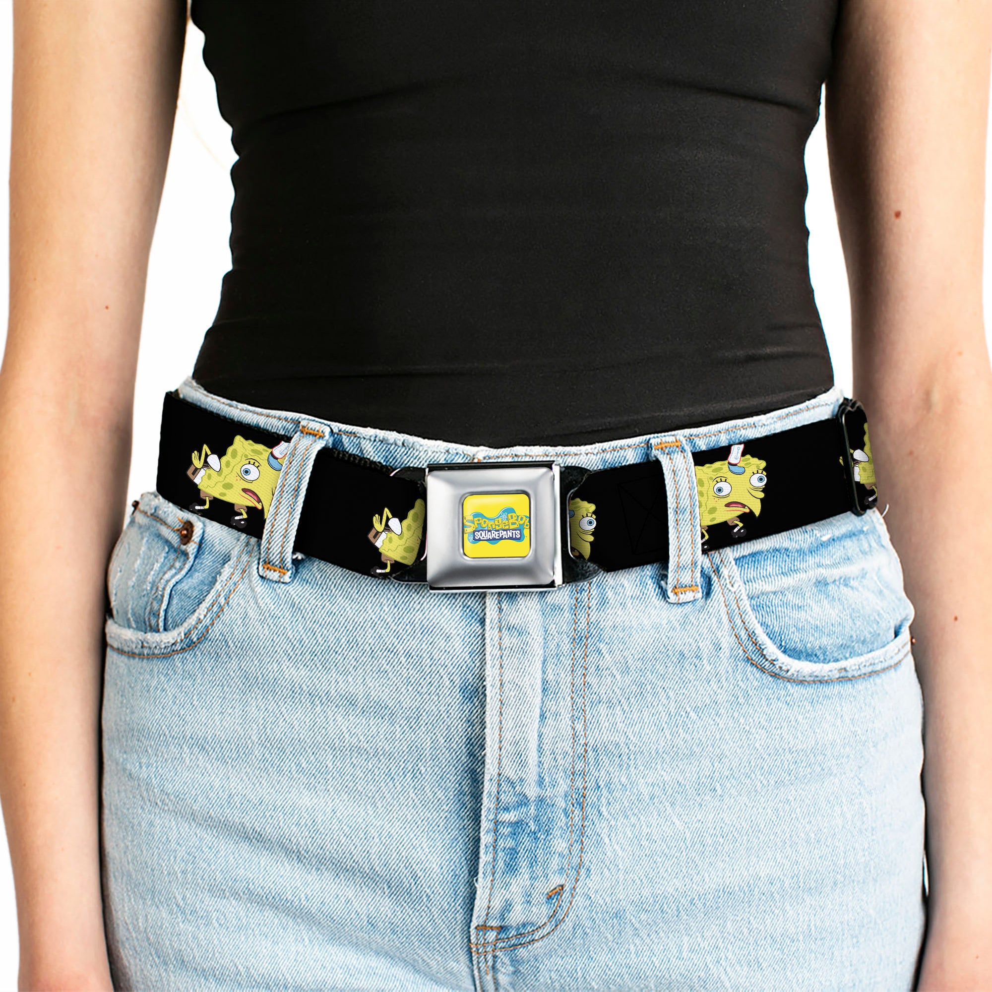 SpongeBob SquarePants Logo Full Color Yellows/Blues Seatbelt Belt - Mocking SpongeBob SquarePants Pose Black Webbing Seatbelt Belts SpongeBob SquarePants