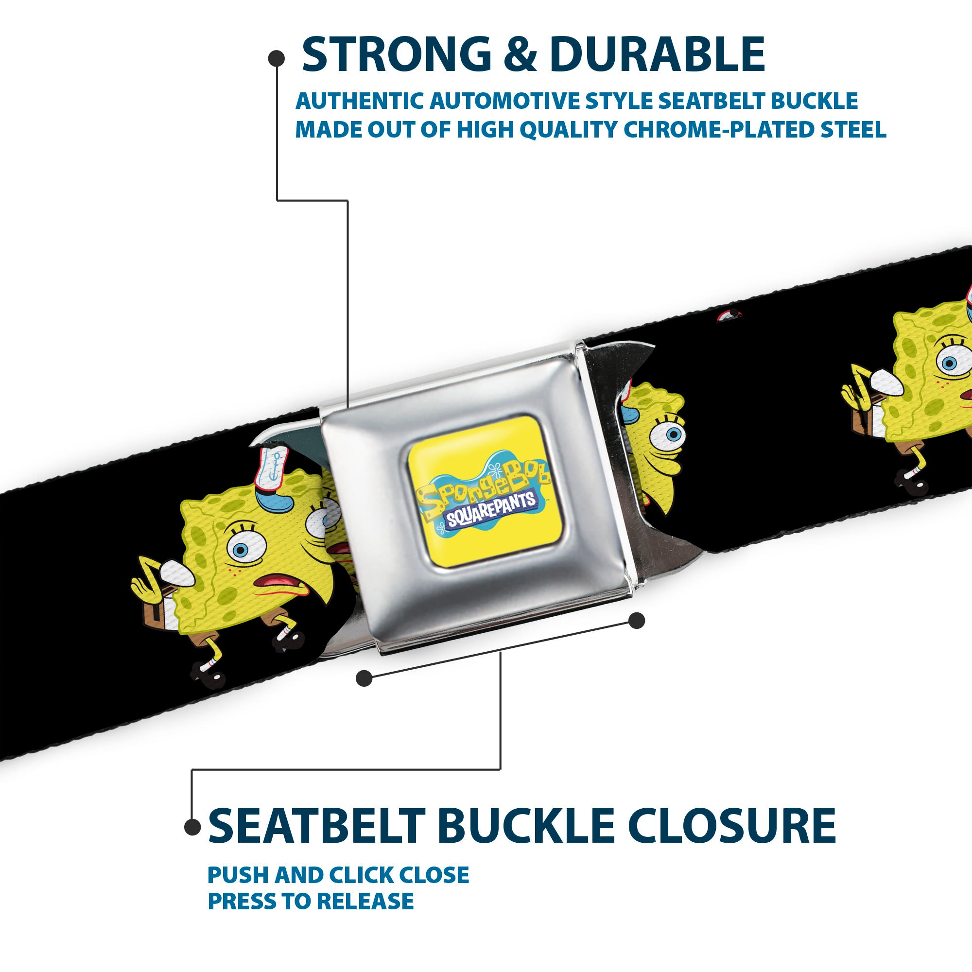 SpongeBob SquarePants Logo Full Color Yellows/Blues Seatbelt Belt - Mocking SpongeBob SquarePants Pose Black Webbing Seatbelt Belts SpongeBob SquarePants