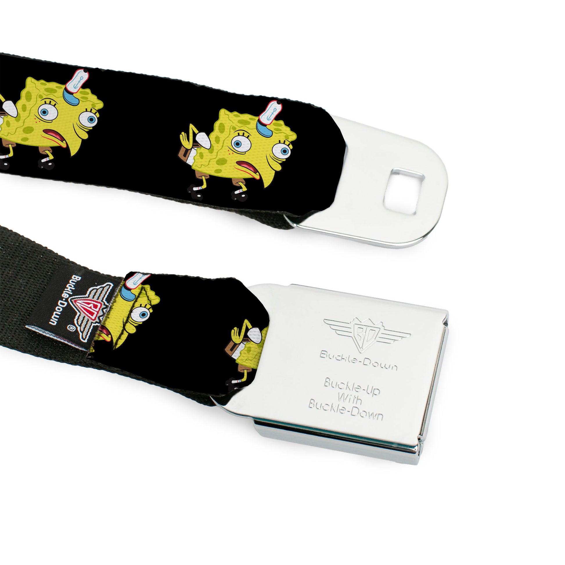 SpongeBob SquarePants Logo Full Color Yellows/Blues Seatbelt Belt - Mocking SpongeBob SquarePants Pose Black Webbing Seatbelt Belts SpongeBob SquarePants