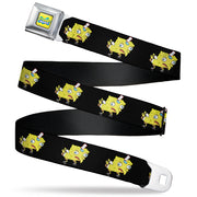 SpongeBob SquarePants Logo Full Color Yellows/Blues Seatbelt Belt - Mocking SpongeBob SquarePants Pose Black Webbing Seatbelt Belts SpongeBob SquarePants