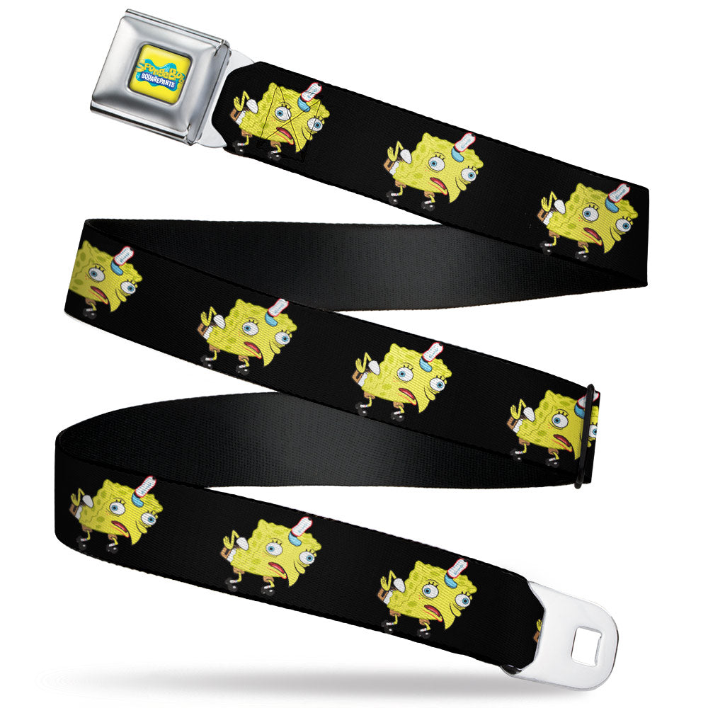 SpongeBob SquarePants Logo Full Color Yellows/Blues Seatbelt Belt - Mocking SpongeBob SquarePants Pose Black Webbing Seatbelt Belts SpongeBob SquarePants