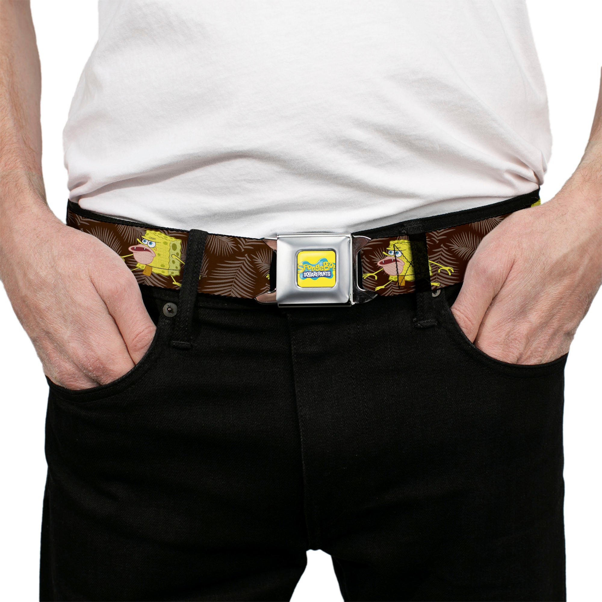 SpongeBob SquarePants Logo Full Color Yellows/Blues Seatbelt Belt - Primitive SpongeBob SquarePants Pose and Leaves Black/Gray Webbing Seatbelt Belts SpongeBob SquarePants