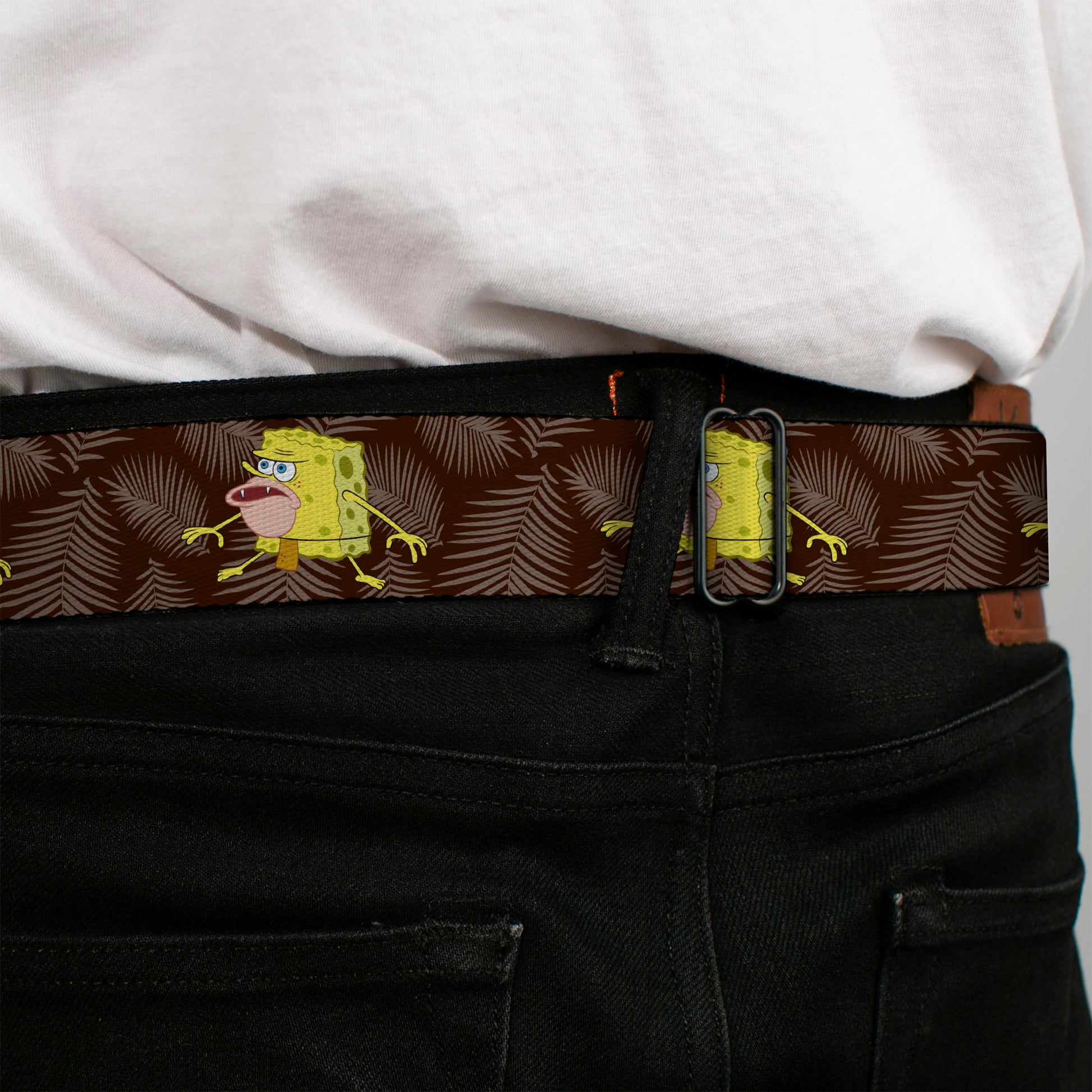 SpongeBob SquarePants Logo Full Color Yellows/Blues Seatbelt Belt - Primitive SpongeBob SquarePants Pose and Leaves Black/Gray Webbing Seatbelt Belts SpongeBob SquarePants