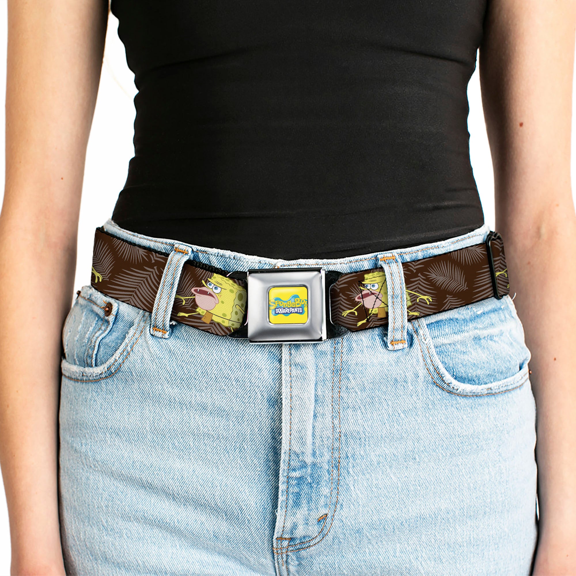 SpongeBob SquarePants Logo Full Color Yellows/Blues Seatbelt Belt - Primitive SpongeBob SquarePants Pose and Leaves Black/Gray Webbing Seatbelt Belts SpongeBob SquarePants