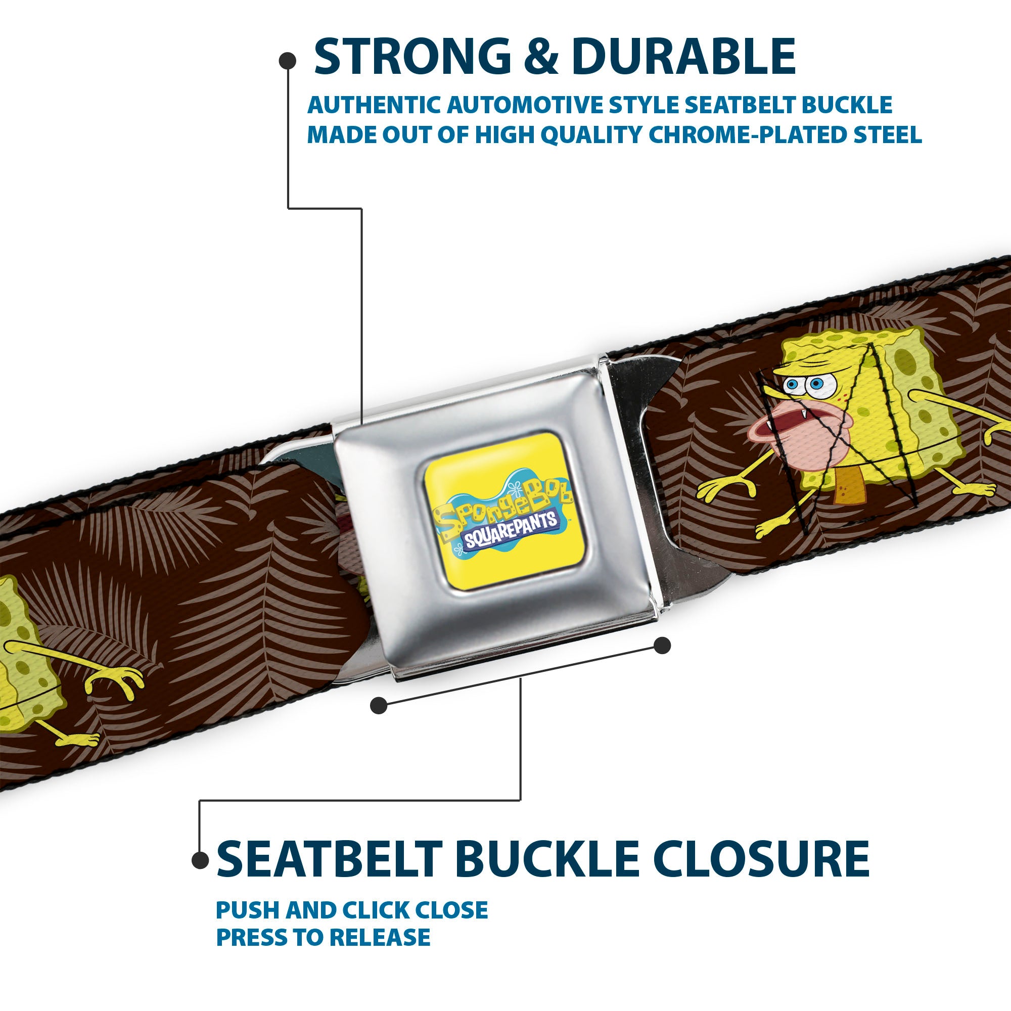 SpongeBob SquarePants Logo Full Color Yellows/Blues Seatbelt Belt - Primitive SpongeBob SquarePants Pose and Leaves Black/Gray Webbing Seatbelt Belts SpongeBob SquarePants
