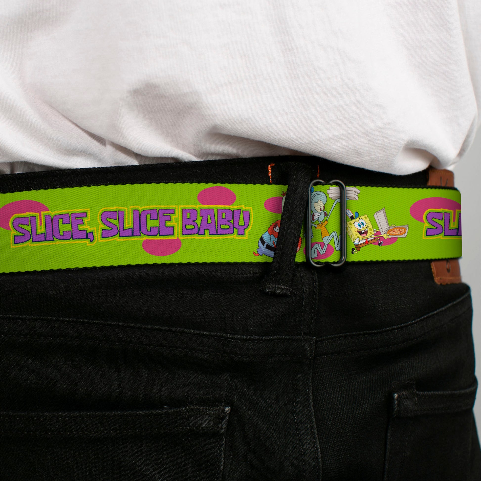 SpongeBob SquarePants Logo Full Color Yellows/Blues Seatbelt Belt - SpongeBob SquarePants and Friends SLICE SLICE BABY Pose Green Webbing Seatbelt Belts SpongeBob SquarePants