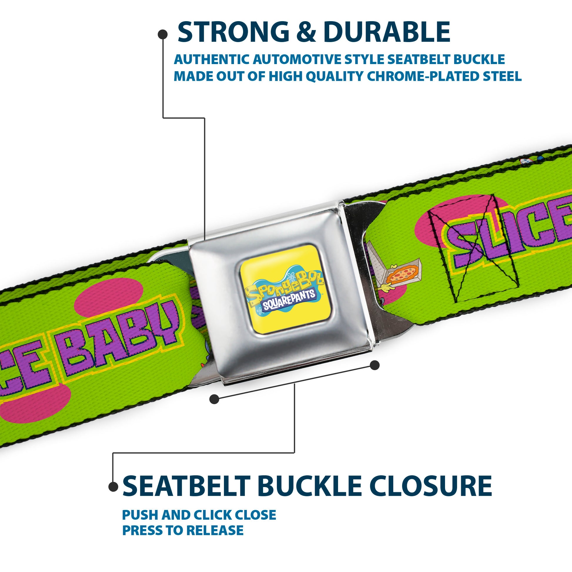 SpongeBob SquarePants Logo Full Color Yellows/Blues Seatbelt Belt - SpongeBob SquarePants and Friends SLICE SLICE BABY Pose Green Webbing Seatbelt Belts SpongeBob SquarePants