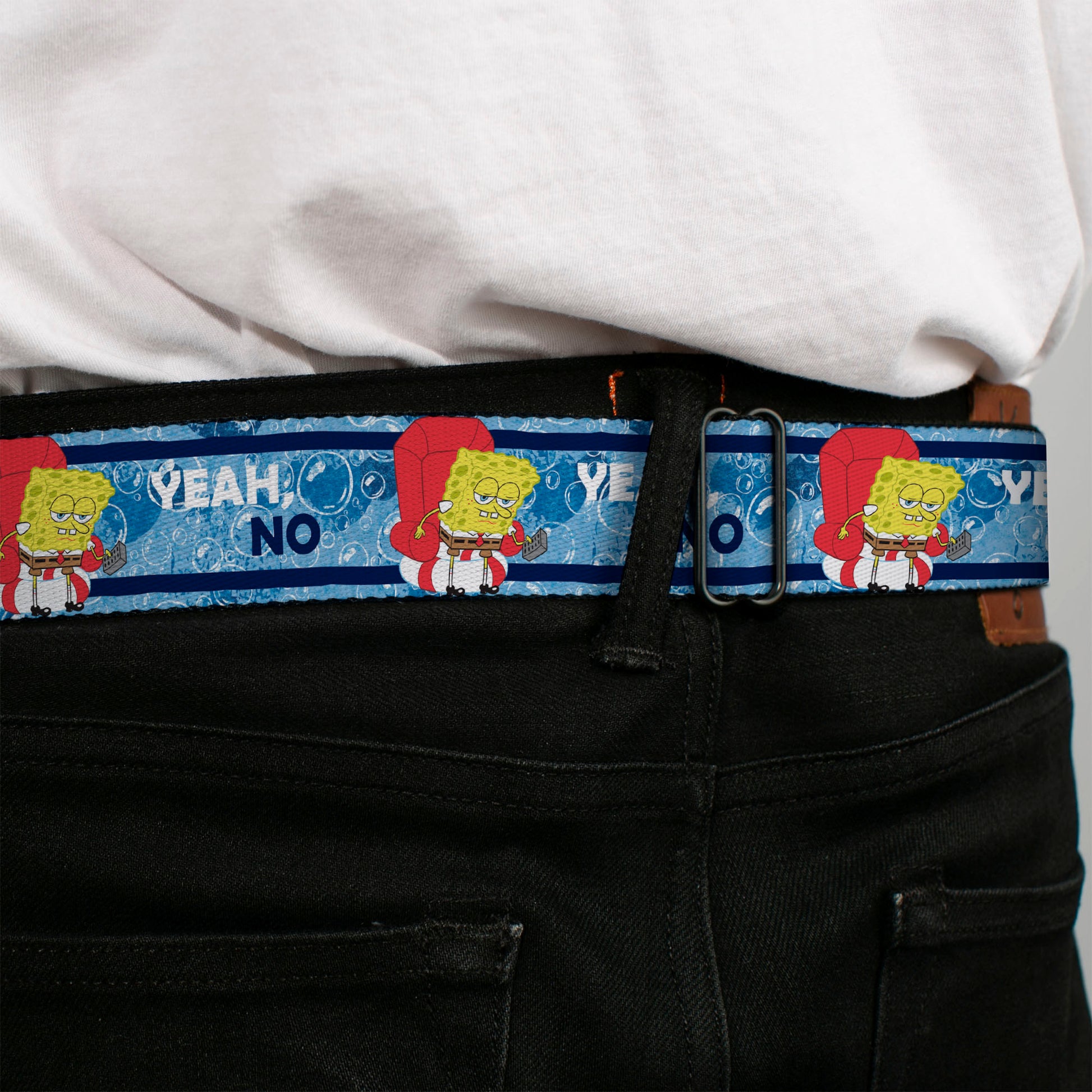 SpongeBob SquarePants Logo Full Color Yellows/Blues Seatbelt Belt - SpongeBob SquarePants Imma Head Out YEAH NO Pose Blues Webbing Seatbelt Belts SpongeBob SquarePants