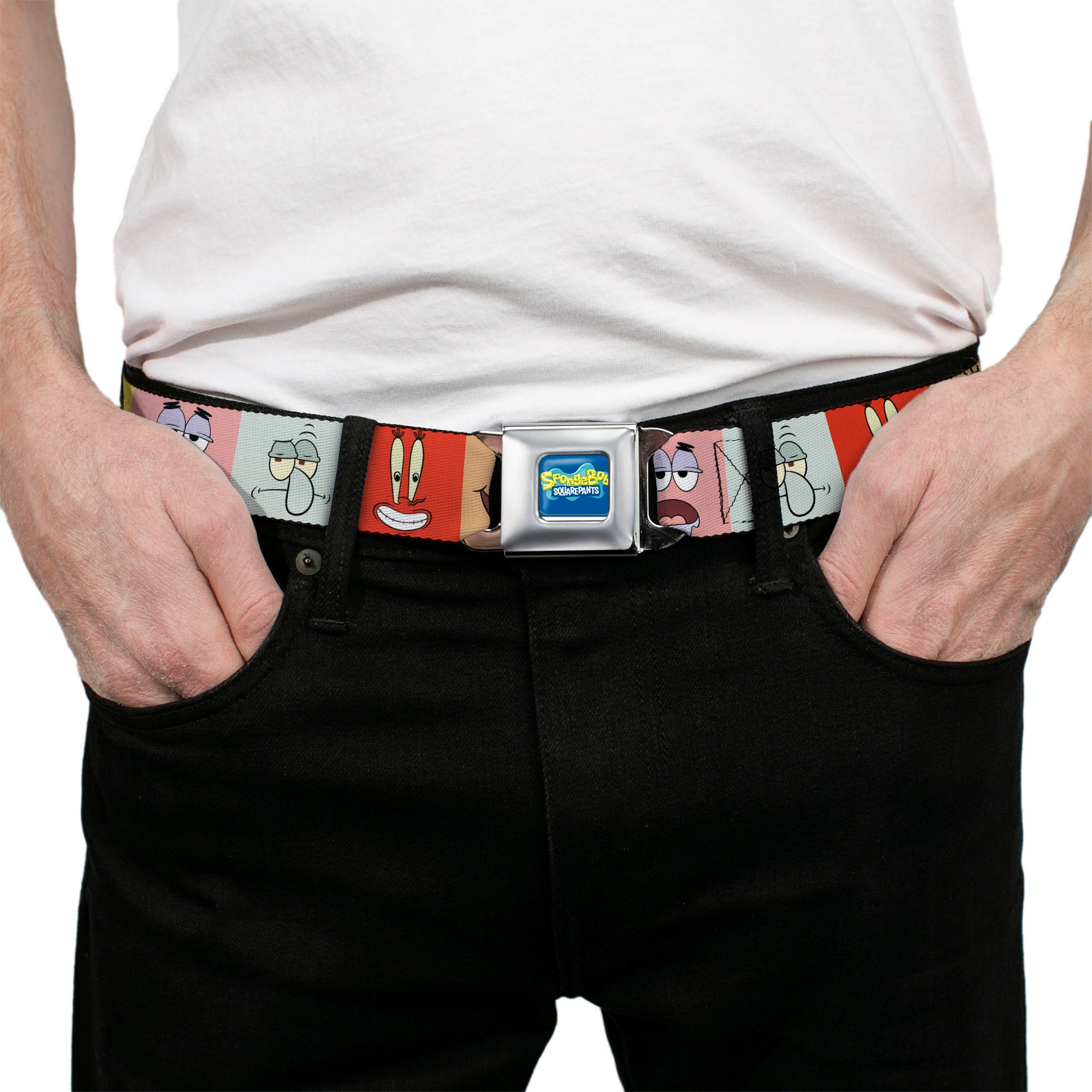 SpongeBob SquarePants Logo Full Color Blues Seatbelt Belt - SpongeBob SquarePants and Friends Expression Blocks Multi Color Webbing Seatbelt Belts SpongeBob SquarePants