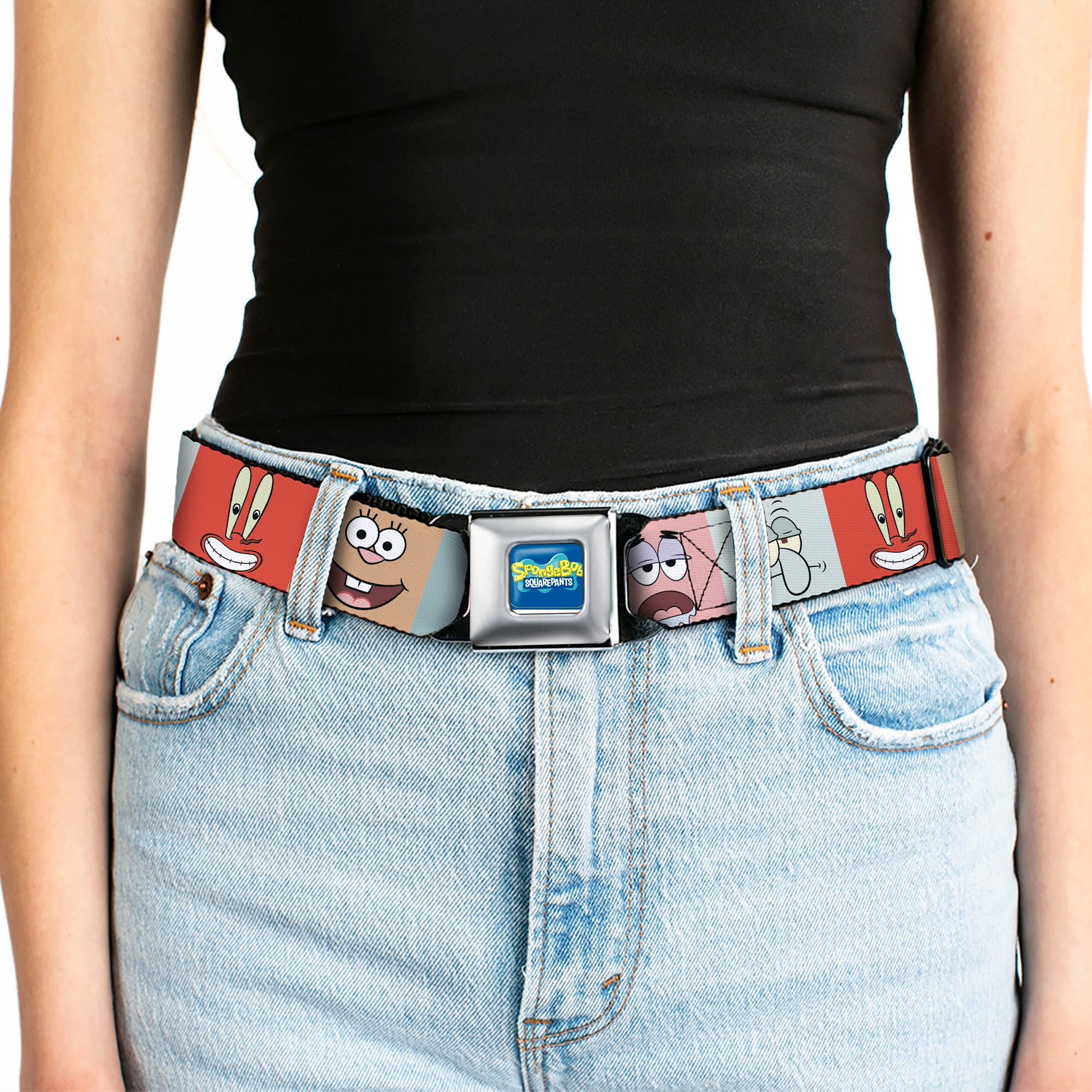 SpongeBob SquarePants Logo Full Color Blues Seatbelt Belt - SpongeBob SquarePants and Friends Expression Blocks Multi Color Webbing Seatbelt Belts SpongeBob SquarePants