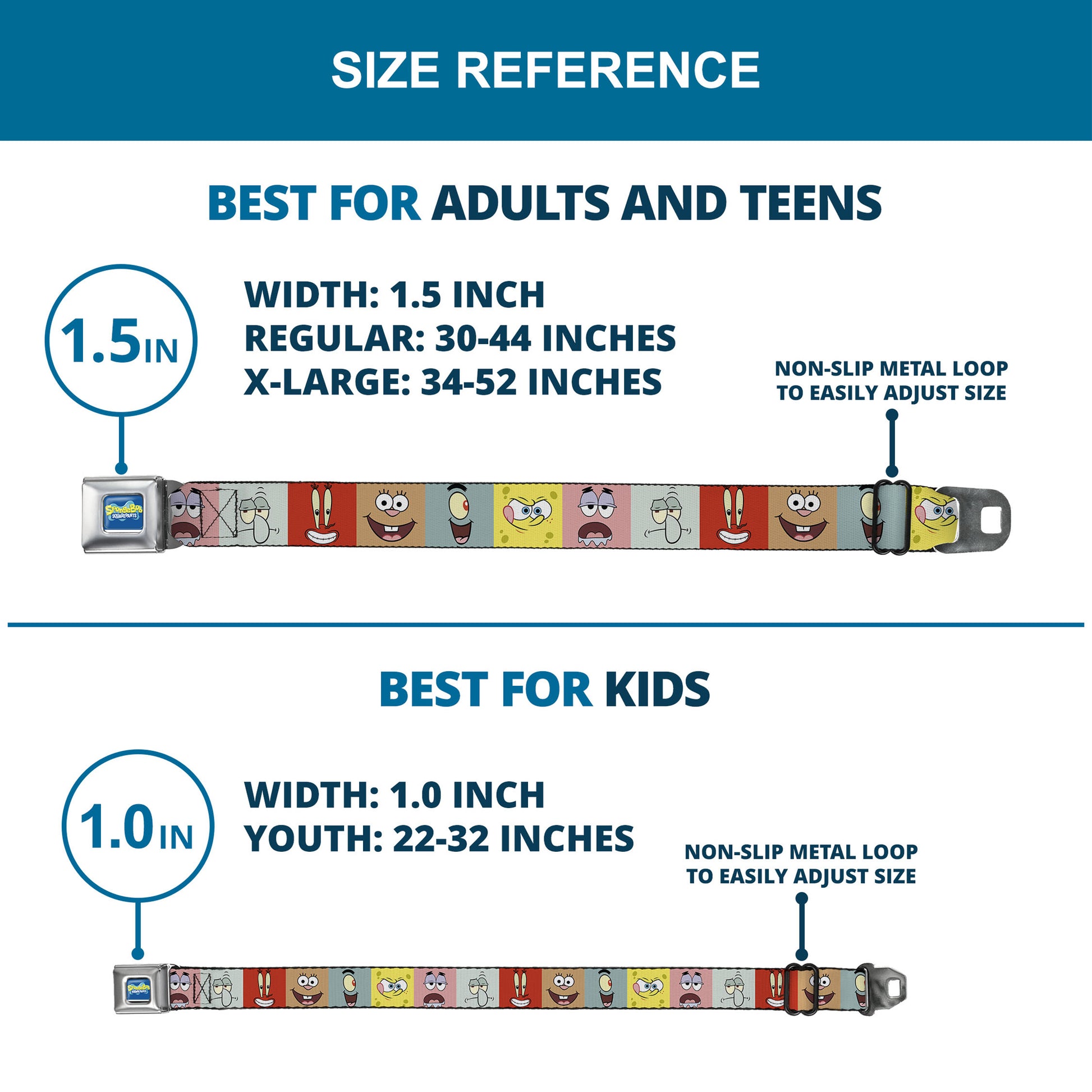 SpongeBob SquarePants Logo Full Color Blues Seatbelt Belt - SpongeBob SquarePants and Friends Expression Blocks Multi Color Webbing Seatbelt Belts SpongeBob SquarePants