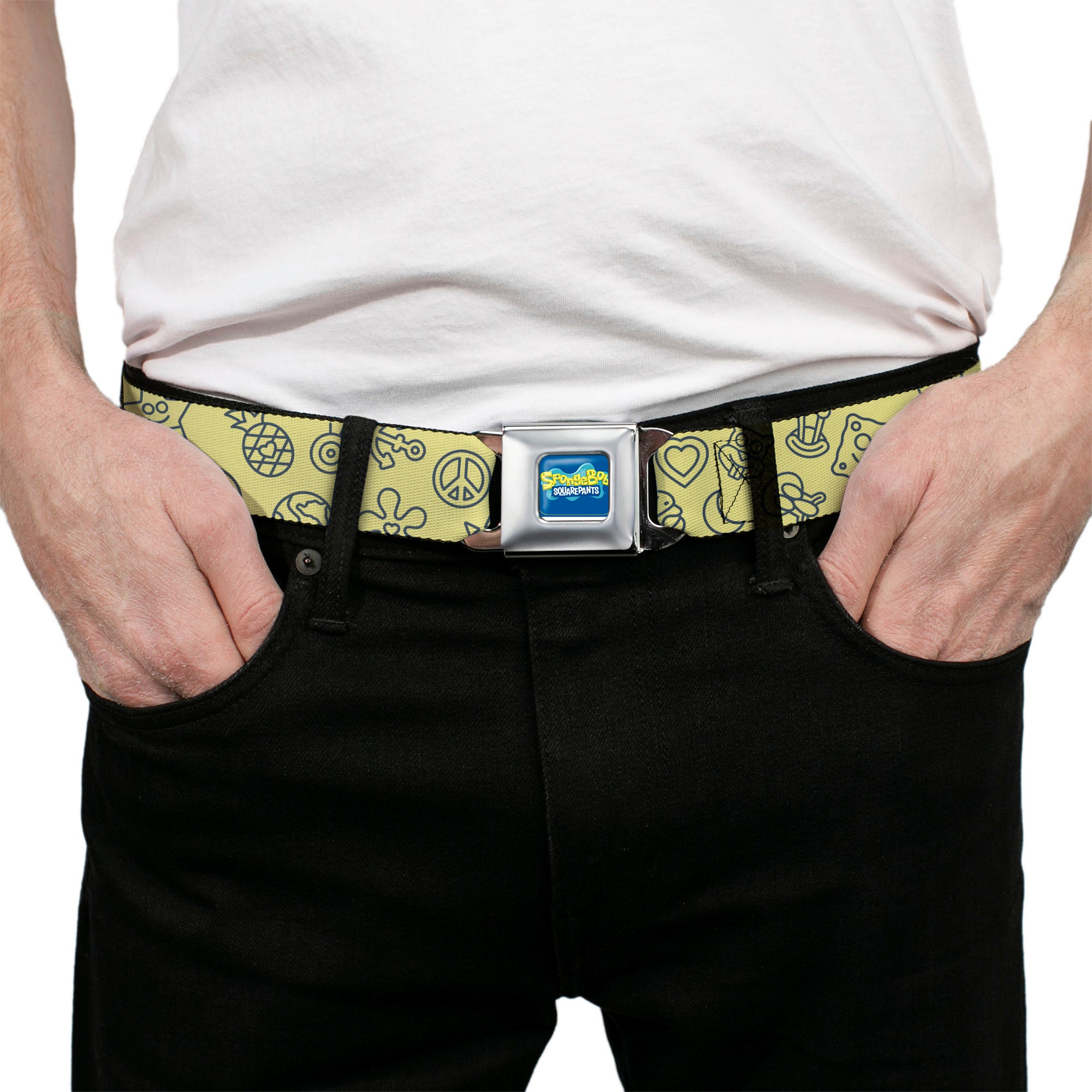 SpongeBob SquarePants Logo Full Color Blues Seatbelt Belt - SpongeBob SquarePants and Friends Line Art Collage Yellow/Gray Webbing Seatbelt Belts SpongeBob SquarePants