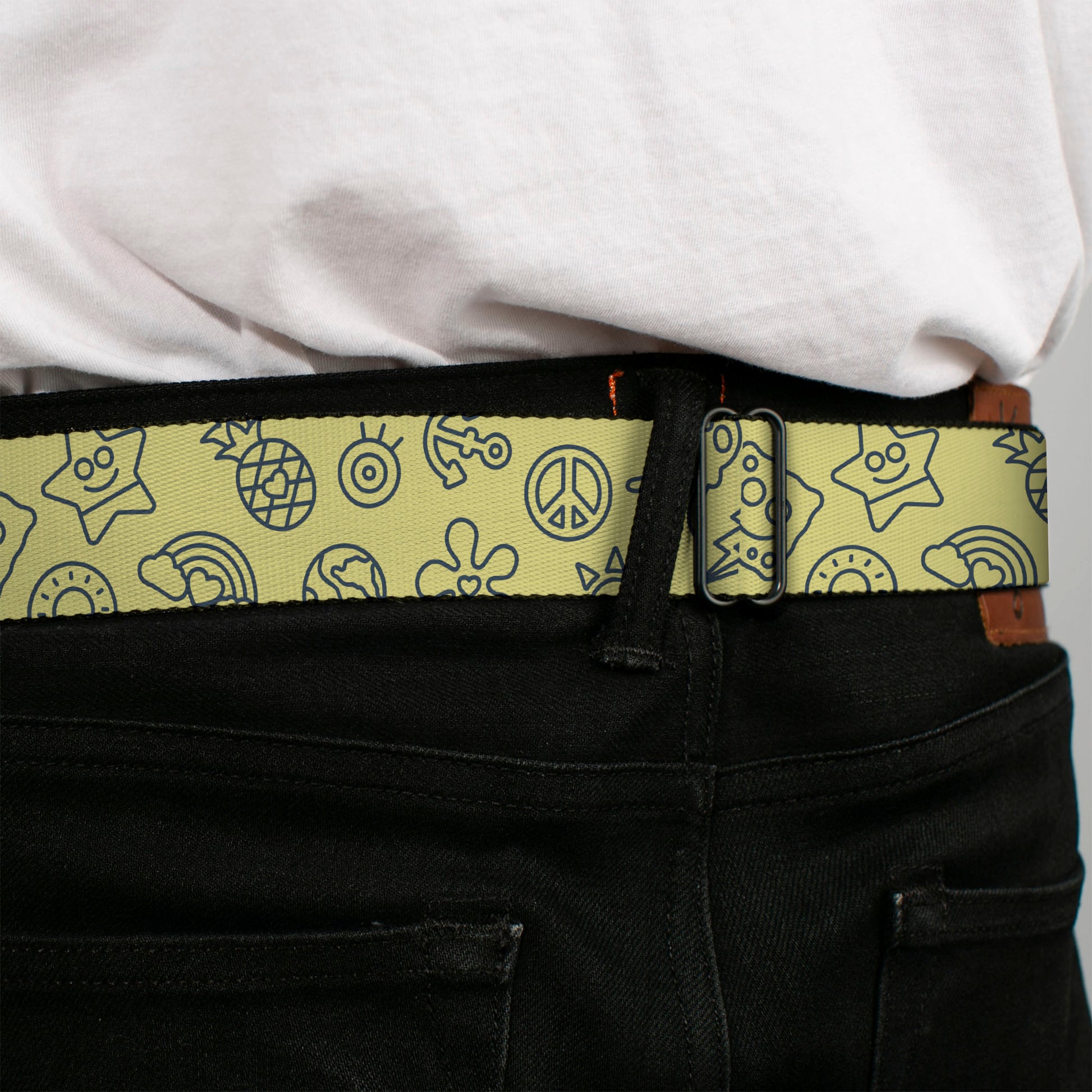 SpongeBob SquarePants Logo Full Color Blues Seatbelt Belt - SpongeBob SquarePants and Friends Line Art Collage Yellow/Gray Webbing Seatbelt Belts SpongeBob SquarePants