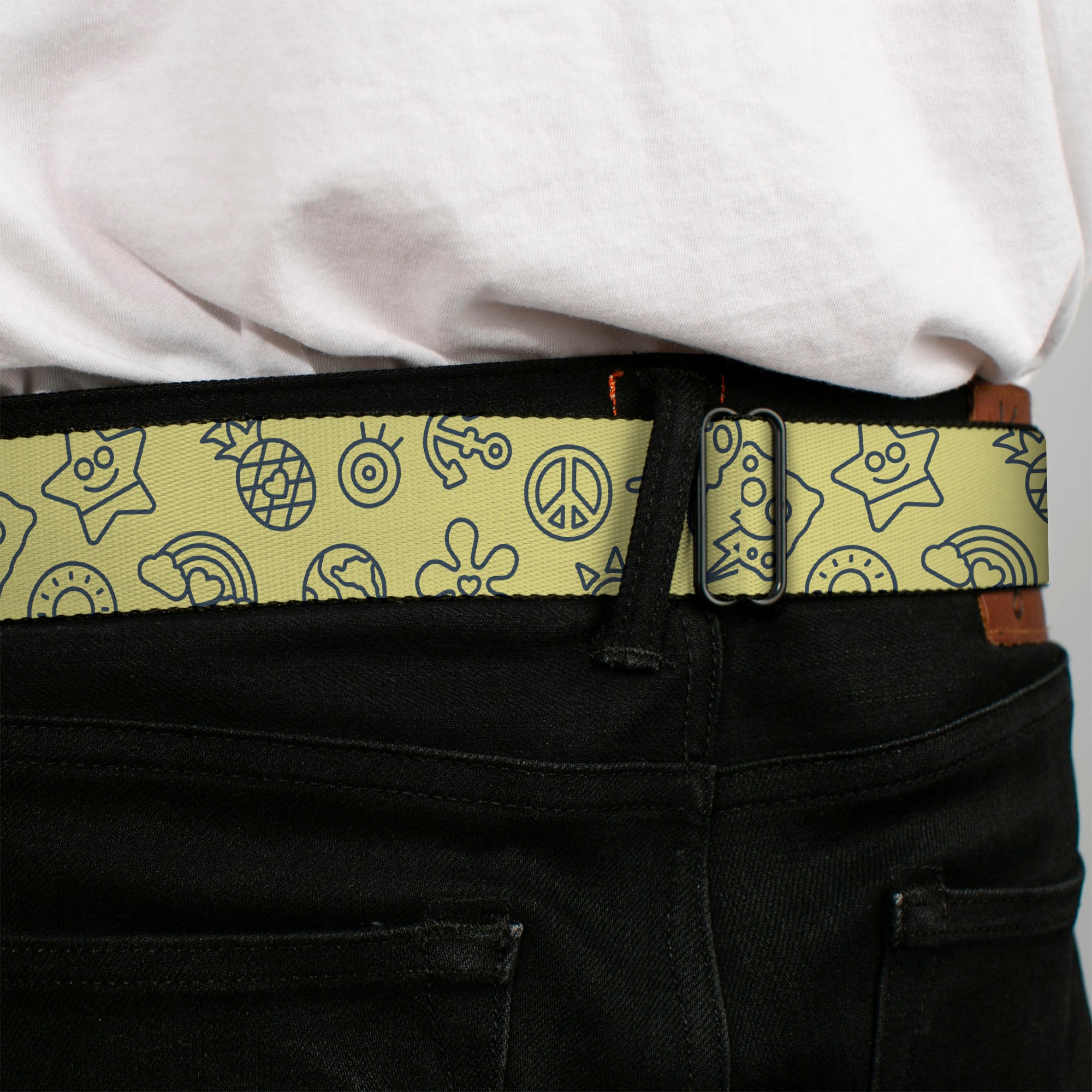 SpongeBob SquarePants Logo Full Color Blues Seatbelt Belt - SpongeBob SquarePants and Friends Line Art Collage Yellow/Gray Webbing Seatbelt Belts SpongeBob SquarePants