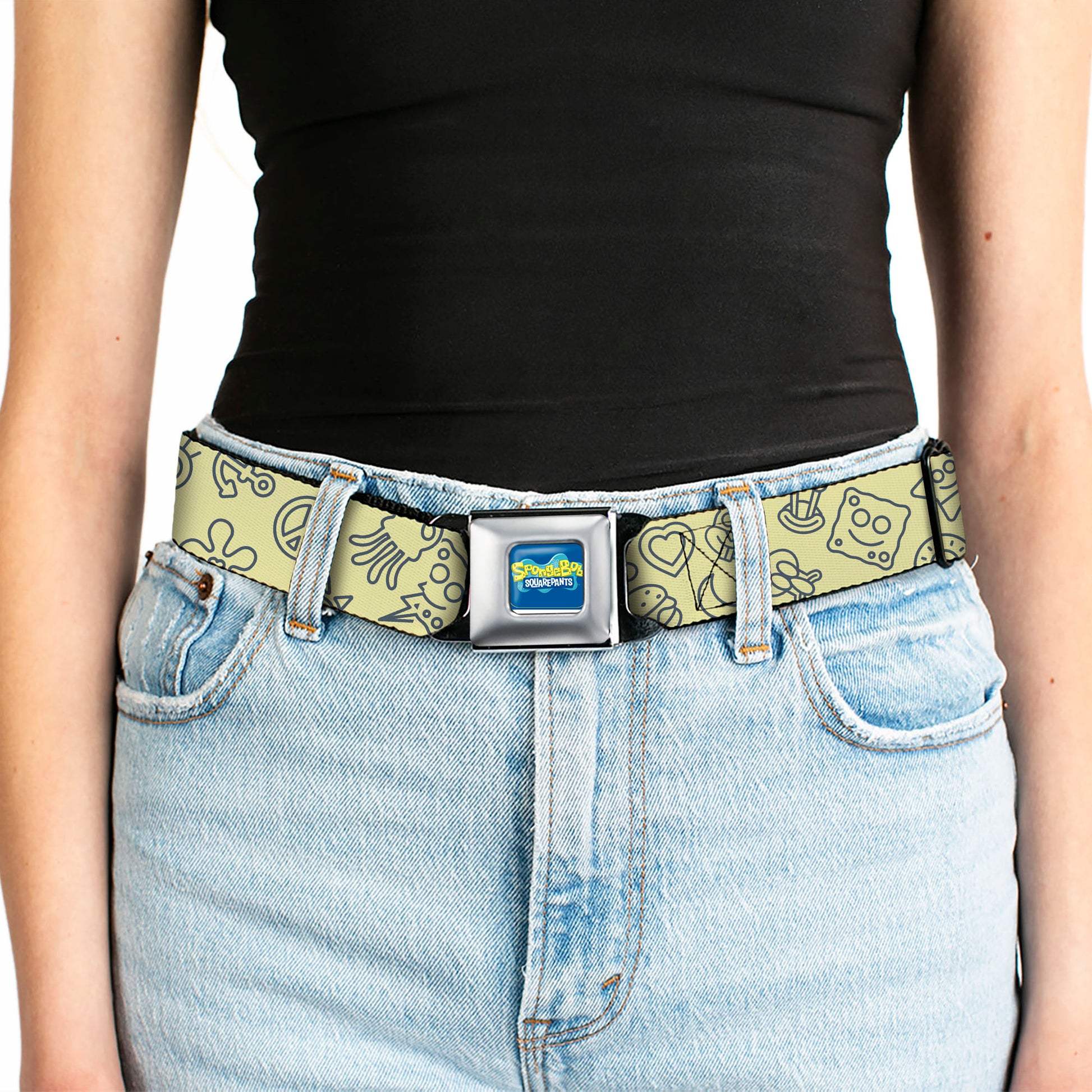SpongeBob SquarePants Logo Full Color Blues Seatbelt Belt - SpongeBob SquarePants and Friends Line Art Collage Yellow/Gray Webbing Seatbelt Belts SpongeBob SquarePants