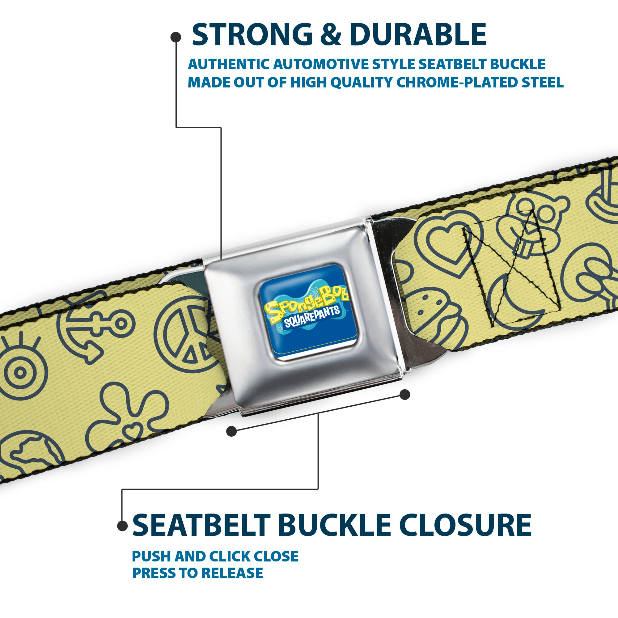 SpongeBob SquarePants Logo Full Color Blues Seatbelt Belt - SpongeBob SquarePants and Friends Line Art Collage Yellow/Gray Webbing Seatbelt Belts SpongeBob SquarePants