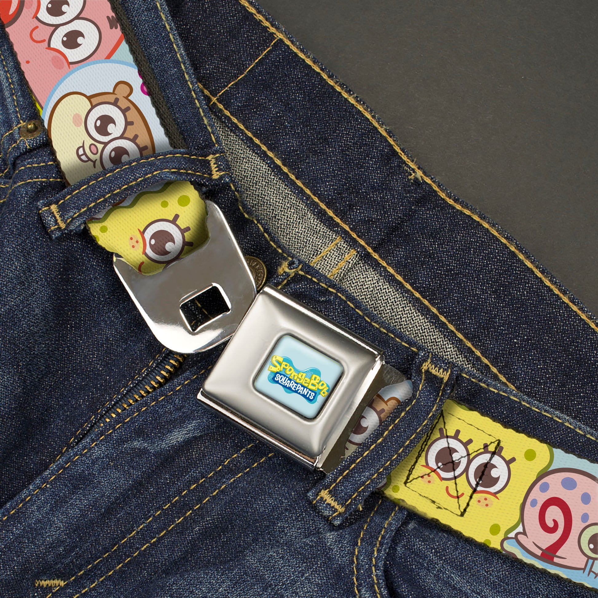 SPONGEBOB SQUAREPANTS Title Logo Full Color Blues/Yellow Seatbelt Belt - SpongeBob SquarePants and Friends Close-Up Face Light Blue Webbing Seatbelt Belts SpongeBob SquarePants