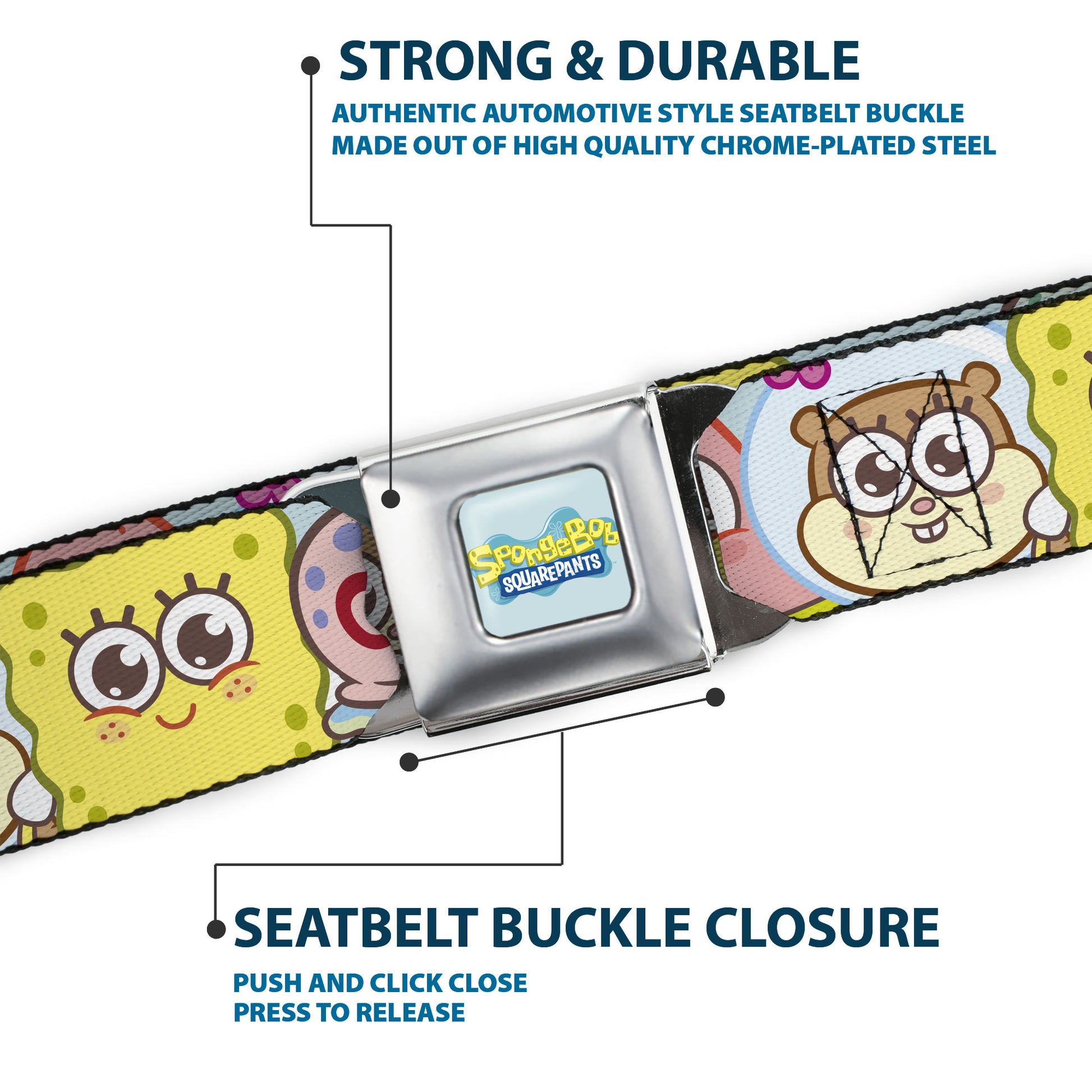 SPONGEBOB SQUAREPANTS Title Logo Full Color Blues/Yellow Seatbelt Belt - SpongeBob SquarePants and Friends Close-Up Face Light Blue Webbing Seatbelt Belts SpongeBob SquarePants