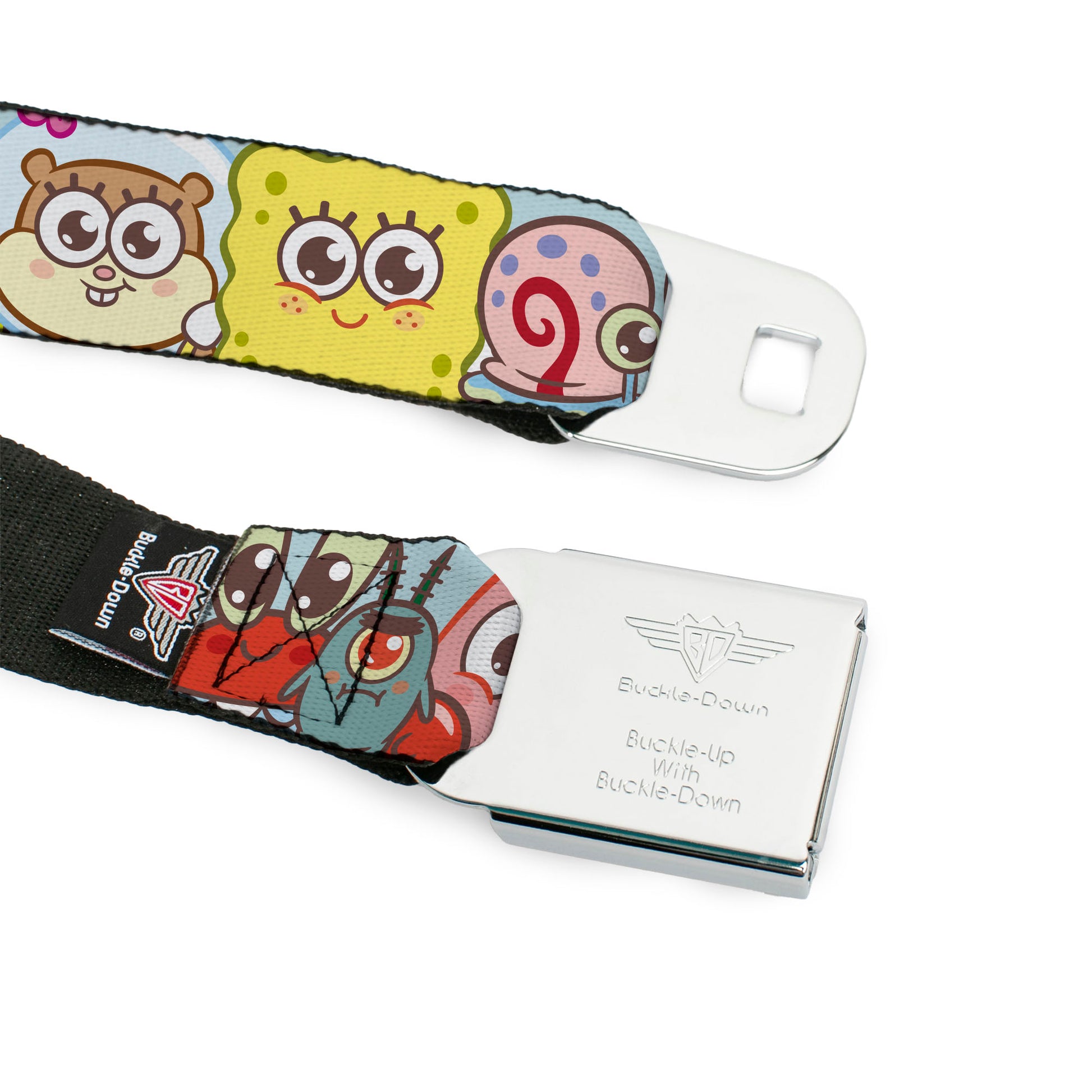 SPONGEBOB SQUAREPANTS Title Logo Full Color Blues/Yellow Seatbelt Belt - SpongeBob SquarePants and Friends Close-Up Face Light Blue Webbing Seatbelt Belts SpongeBob SquarePants