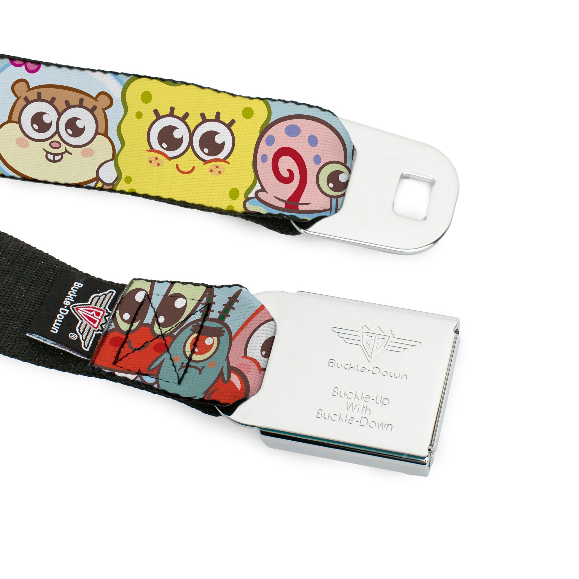 SPONGEBOB SQUAREPANTS Title Logo Full Color Blues/Yellow Seatbelt Belt - SpongeBob SquarePants and Friends Close-Up Face Light Blue Webbing Seatbelt Belts SpongeBob SquarePants