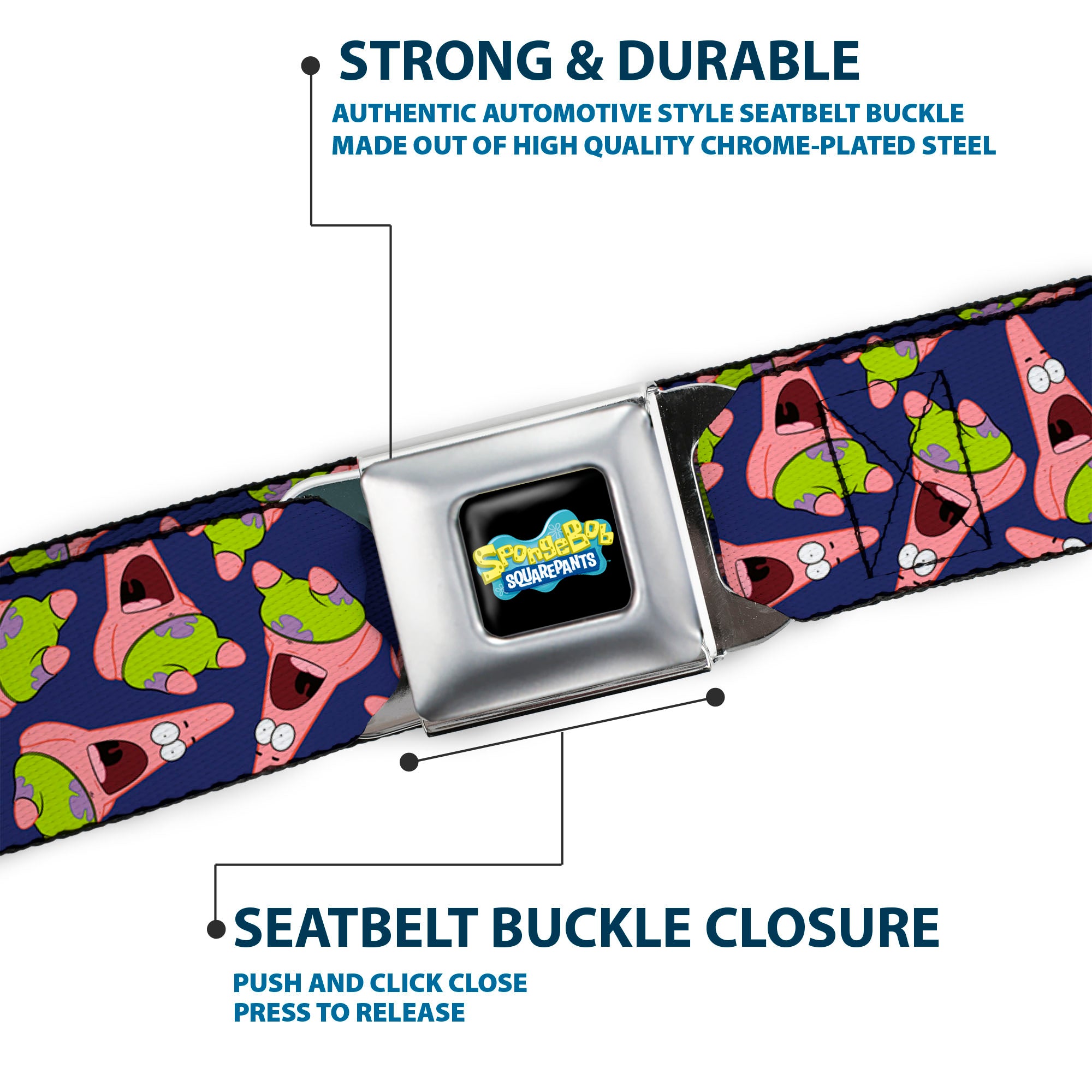 SpongeBob SquarePants Logo Full Color Black Seatbelt Belt - Patrick Starfish Pose Scattered Purple Webbing Seatbelt Belts SpongeBob SquarePants