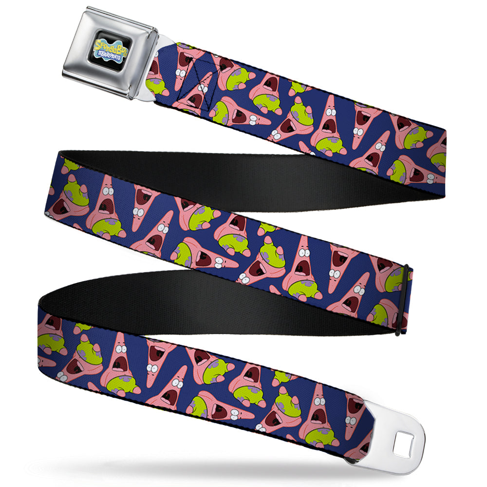 SpongeBob SquarePants Logo Full Color Black Seatbelt Belt - Patrick Starfish Pose Scattered Purple Webbing Seatbelt Belts SpongeBob SquarePants