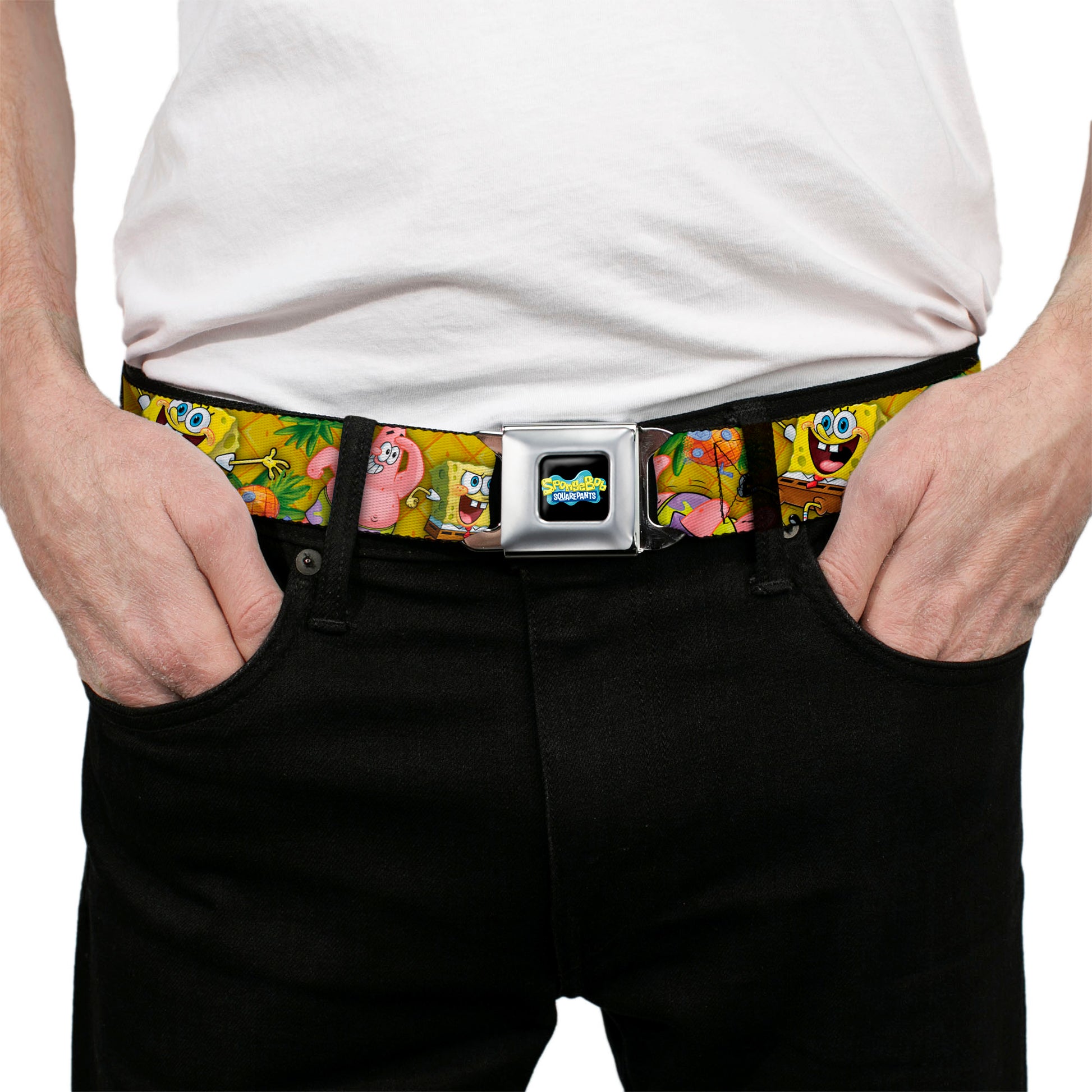SpongeBob SquarePants Logo Full Color Black Seatbelt Belt - SpongeBob & Patrick Starfish Poses Pineapple Gold Webbing Seatbelt Belts SpongeBob SquarePants