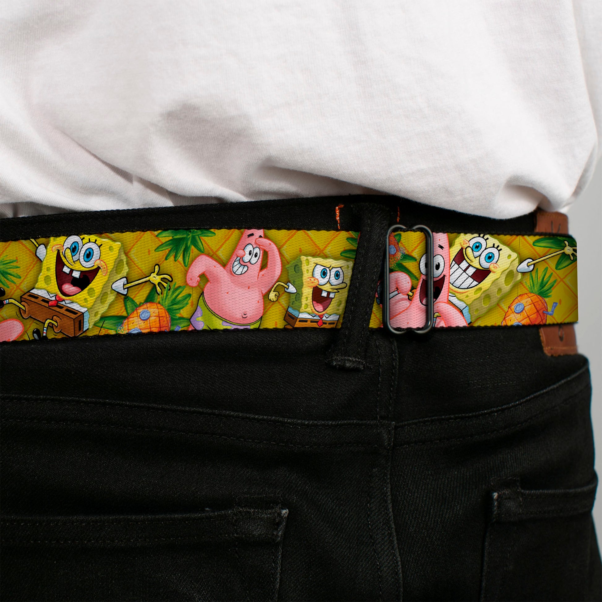 SpongeBob SquarePants Logo Full Color Black Seatbelt Belt - SpongeBob & Patrick Starfish Poses Pineapple Gold Webbing Seatbelt Belts SpongeBob SquarePants