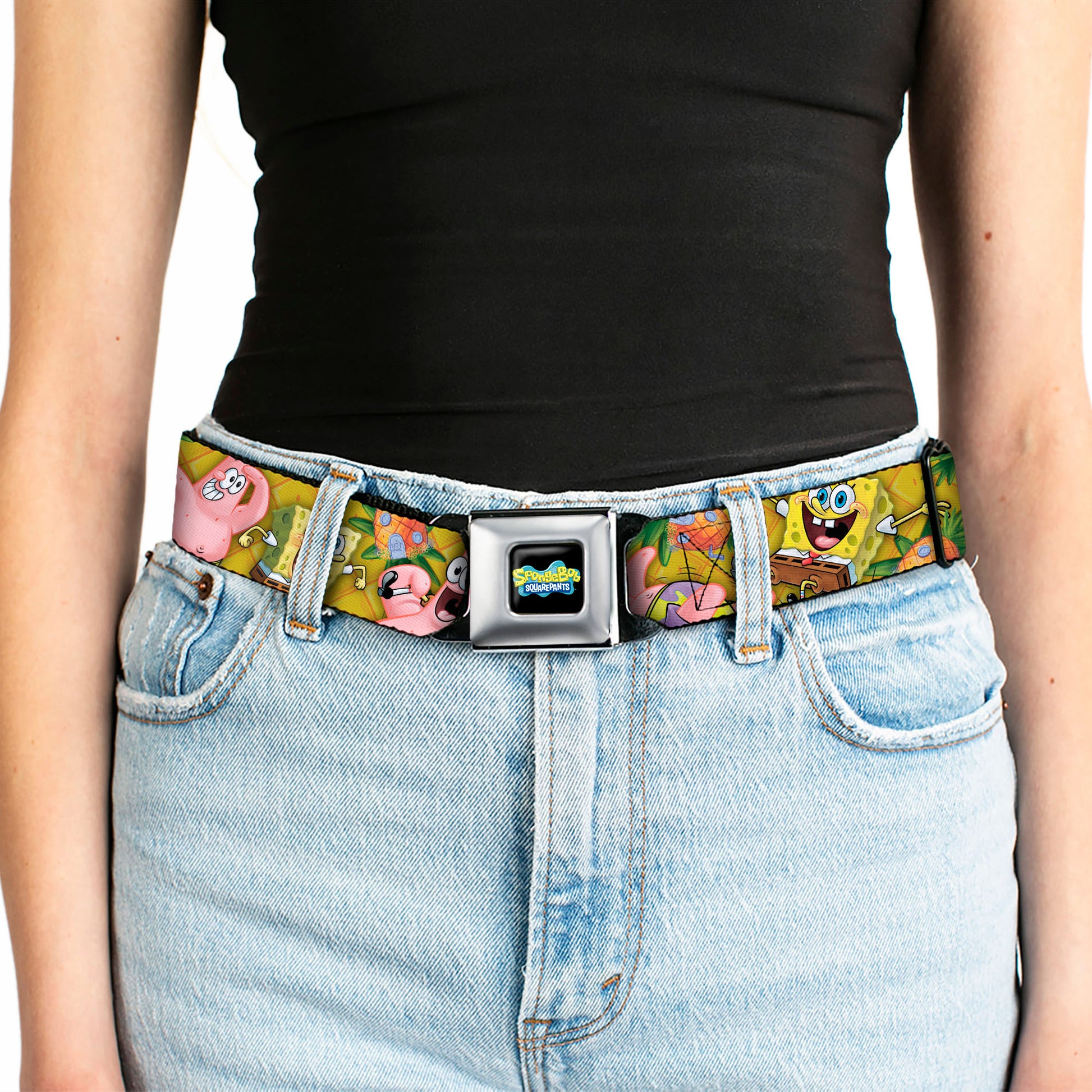 SpongeBob SquarePants Logo Full Color Black Seatbelt Belt - SpongeBob & Patrick Starfish Poses Pineapple Gold Webbing Seatbelt Belts SpongeBob SquarePants