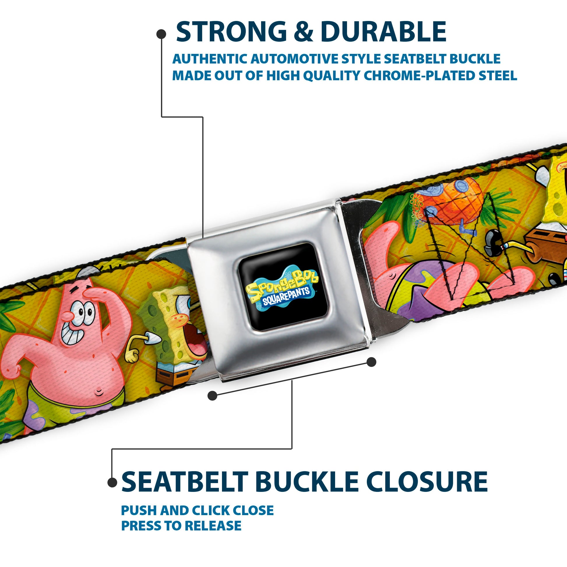 SpongeBob SquarePants Logo Full Color Black Seatbelt Belt - SpongeBob & Patrick Starfish Poses Pineapple Gold Webbing Seatbelt Belts SpongeBob SquarePants