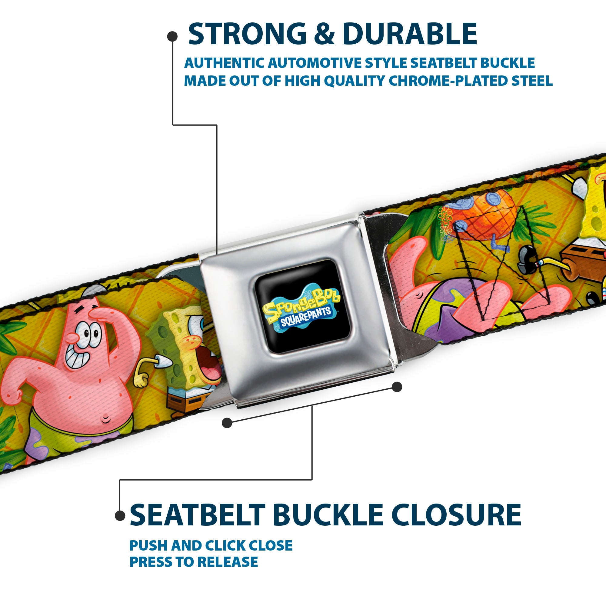 SpongeBob SquarePants Logo Full Color Black Seatbelt Belt - SpongeBob & Patrick Starfish Poses Pineapple Gold Webbing Seatbelt Belts SpongeBob SquarePants