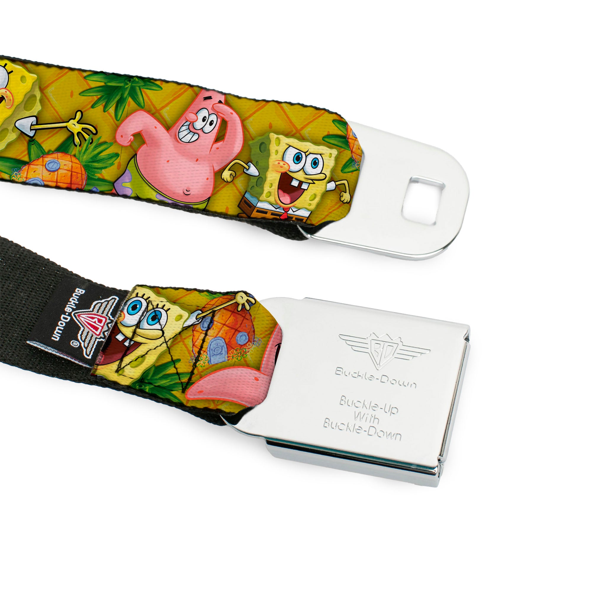 SpongeBob SquarePants Logo Full Color Black Seatbelt Belt - SpongeBob & Patrick Starfish Poses Pineapple Gold Webbing Seatbelt Belts SpongeBob SquarePants