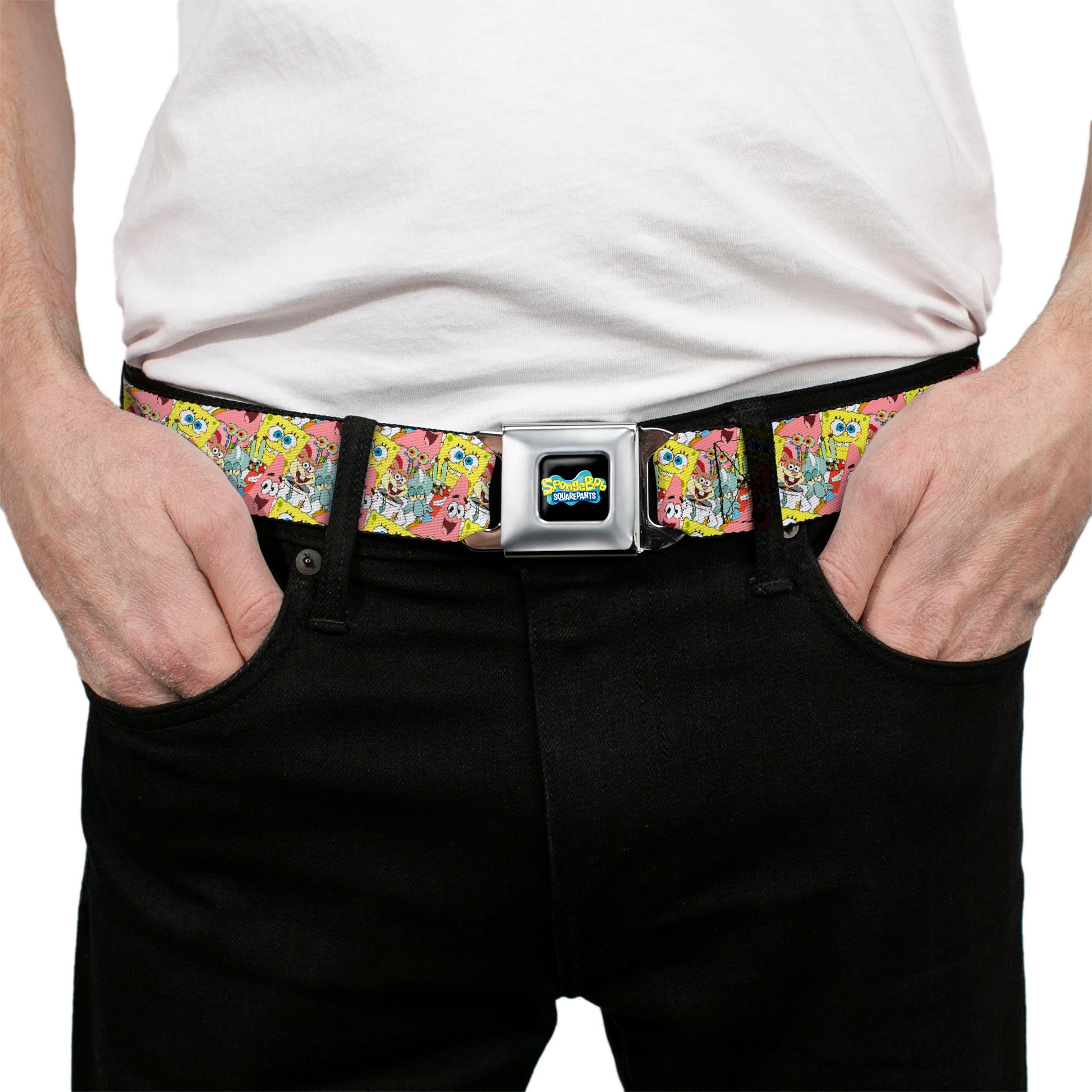 SpongeBob SquarePants Logo Full Color Black Seatbelt Belt - SpongeBob 5-Characters Stacked Webbing Seatbelt Belts SpongeBob SquarePants